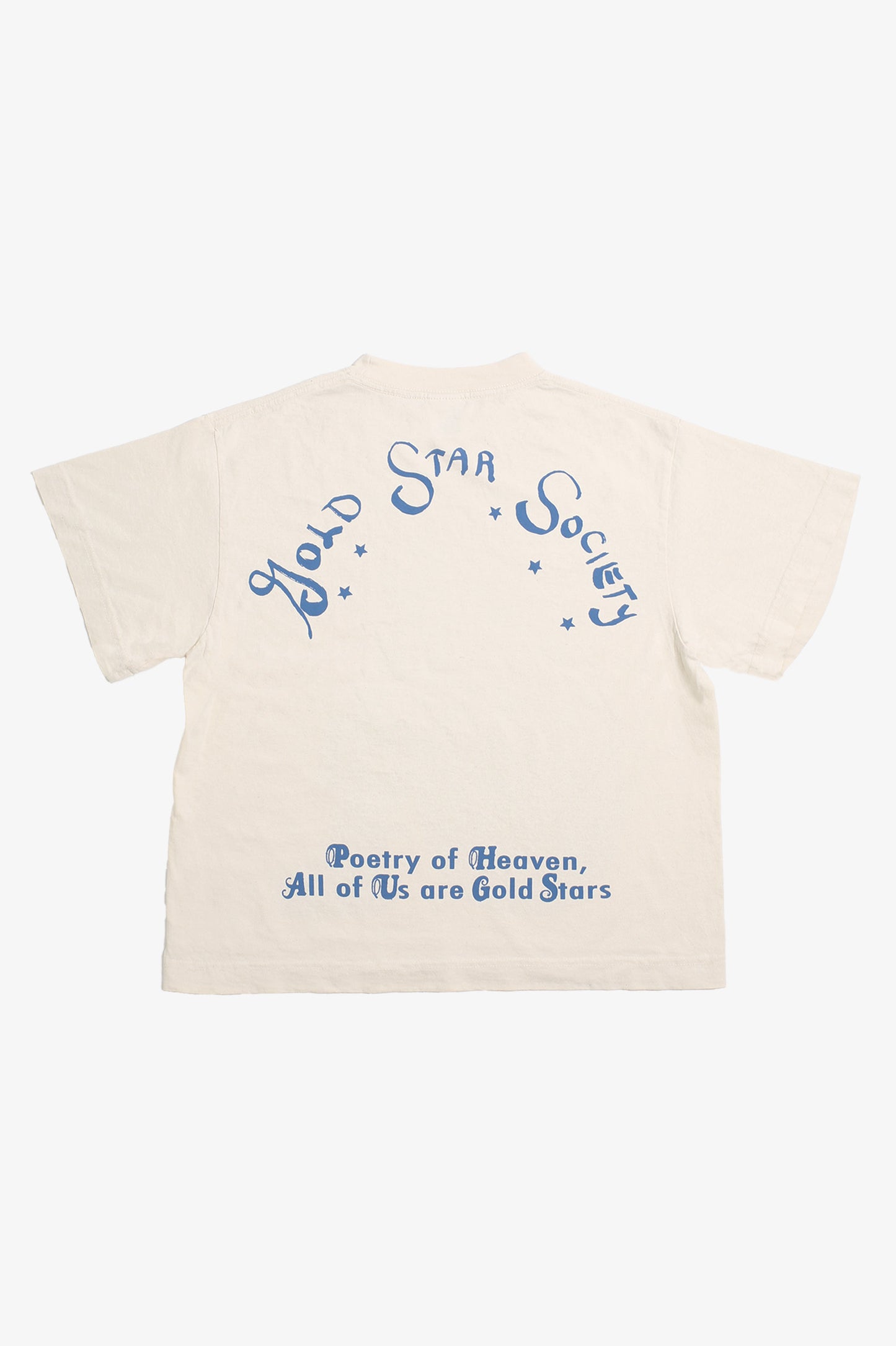 Flat lay back view, showing graphic text and boxy cut of the torso.