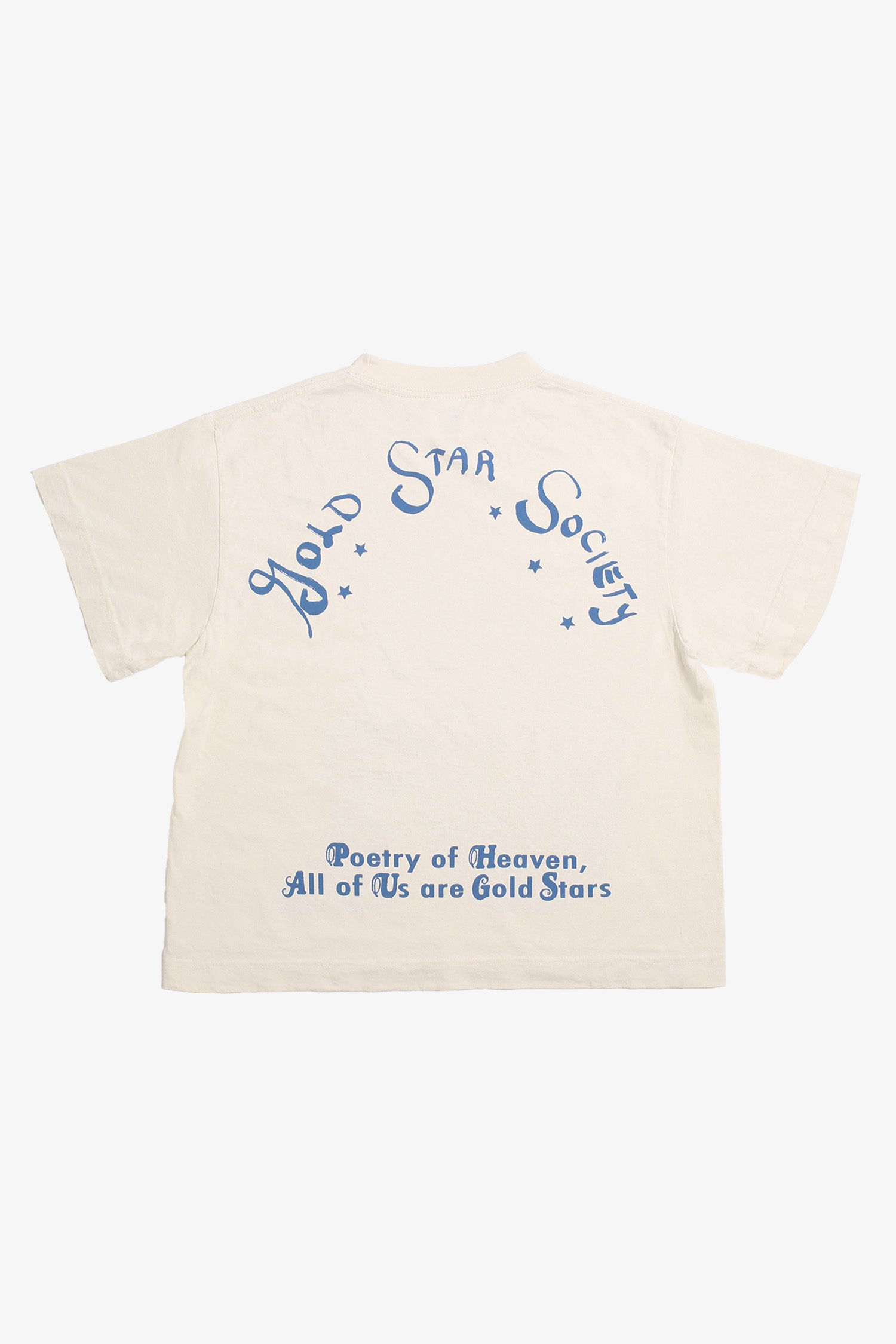 Flat lay back view, showing graphic text and boxy cut of the torso.