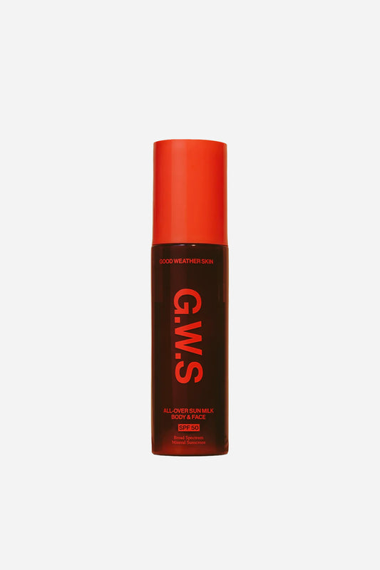 Orange bottle packaging of Good Weather Skin All-Over Sun Milk