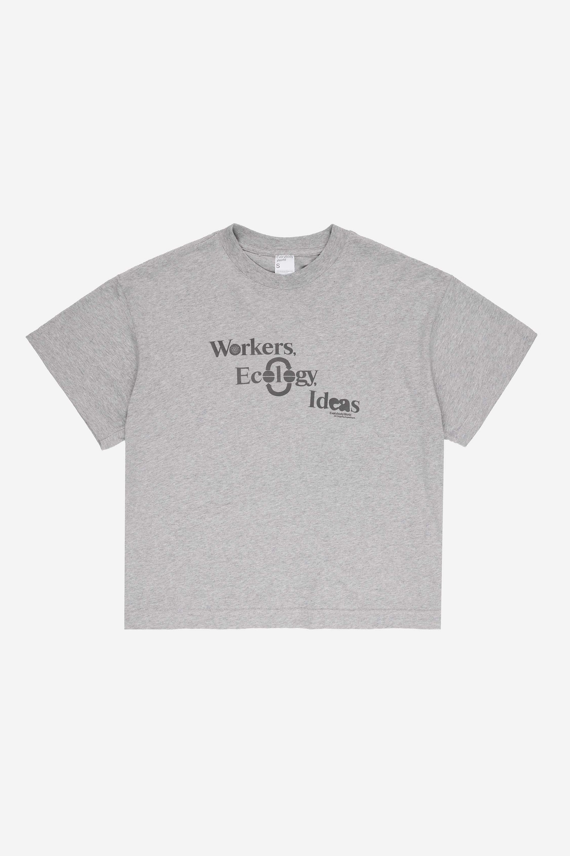 Flat lay of Heather Boxier Tee that reads 'Workers, Ecology, Ideas' screenprinted on the front.