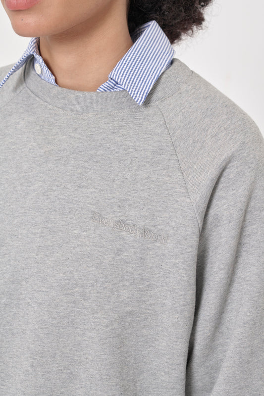 Zoom in on Heather Raglan Sweatshirt chest to show the "Everybody.World" embroidery texture against the fabric.
