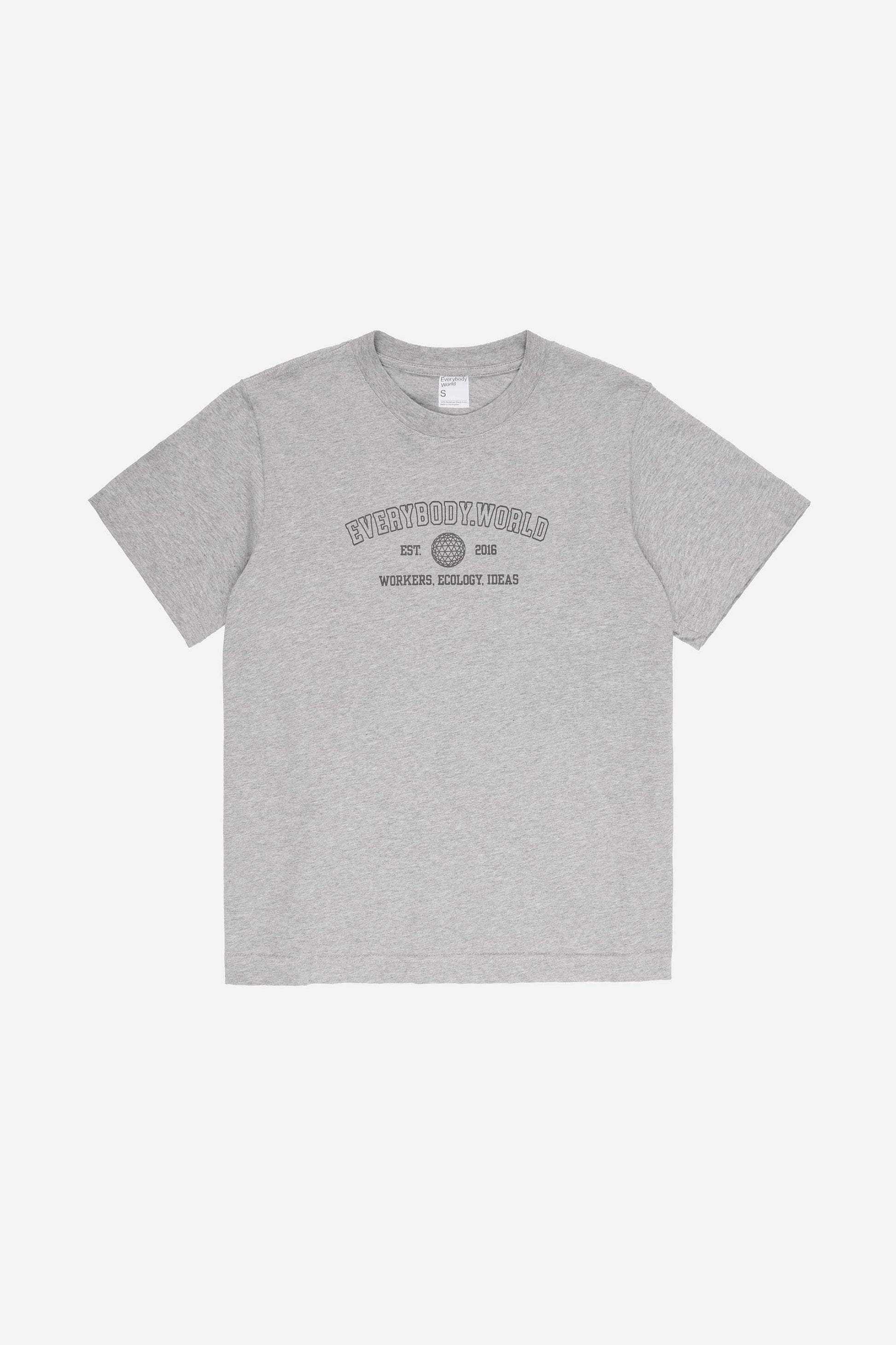Flat lay of Heather Short Sleeve Tee that reads 'Everybody.World' and 'Workers, Ecology, Ideas' screenprinted on the front.
