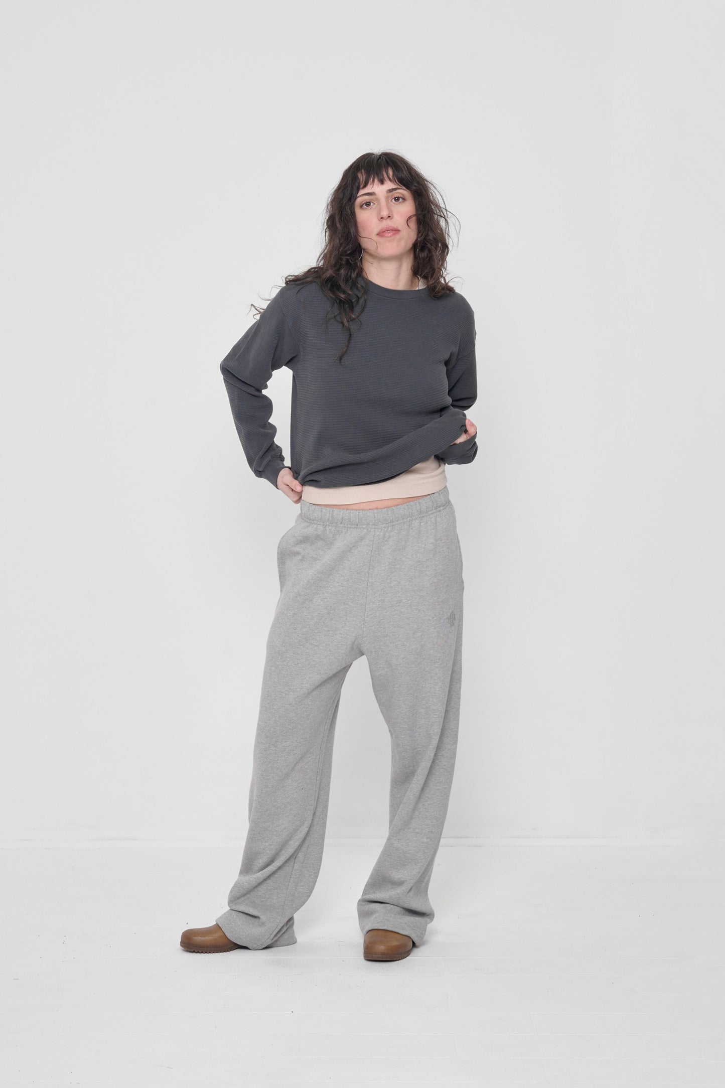 Styled with Slate Thermal Long Sleeve Boxier Trash Tee layered on Oat Rib Long Sleeve.