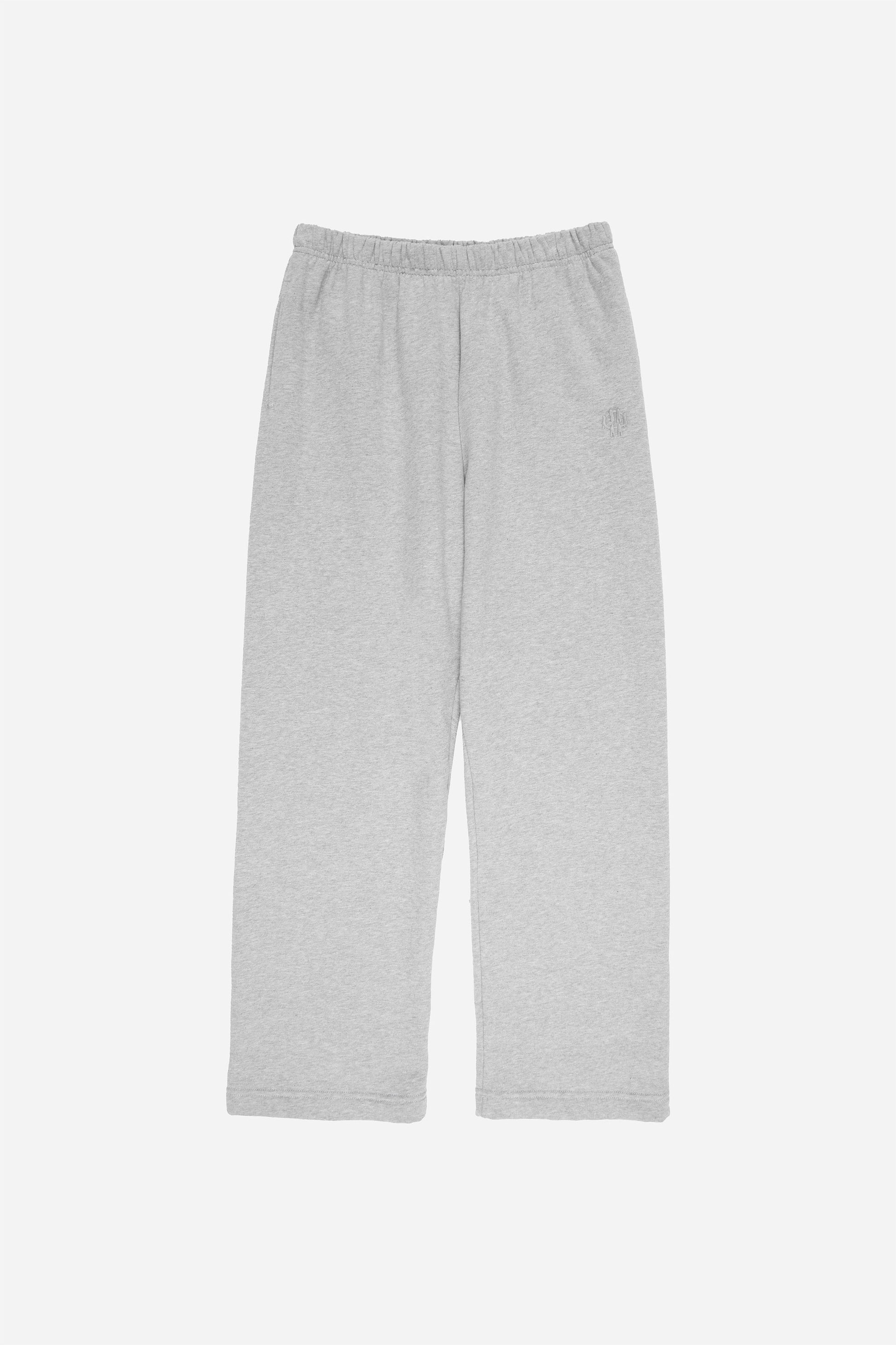 Flat lay of Heather Sweatpants showing the cut of the pant leg and embroidery detail. 