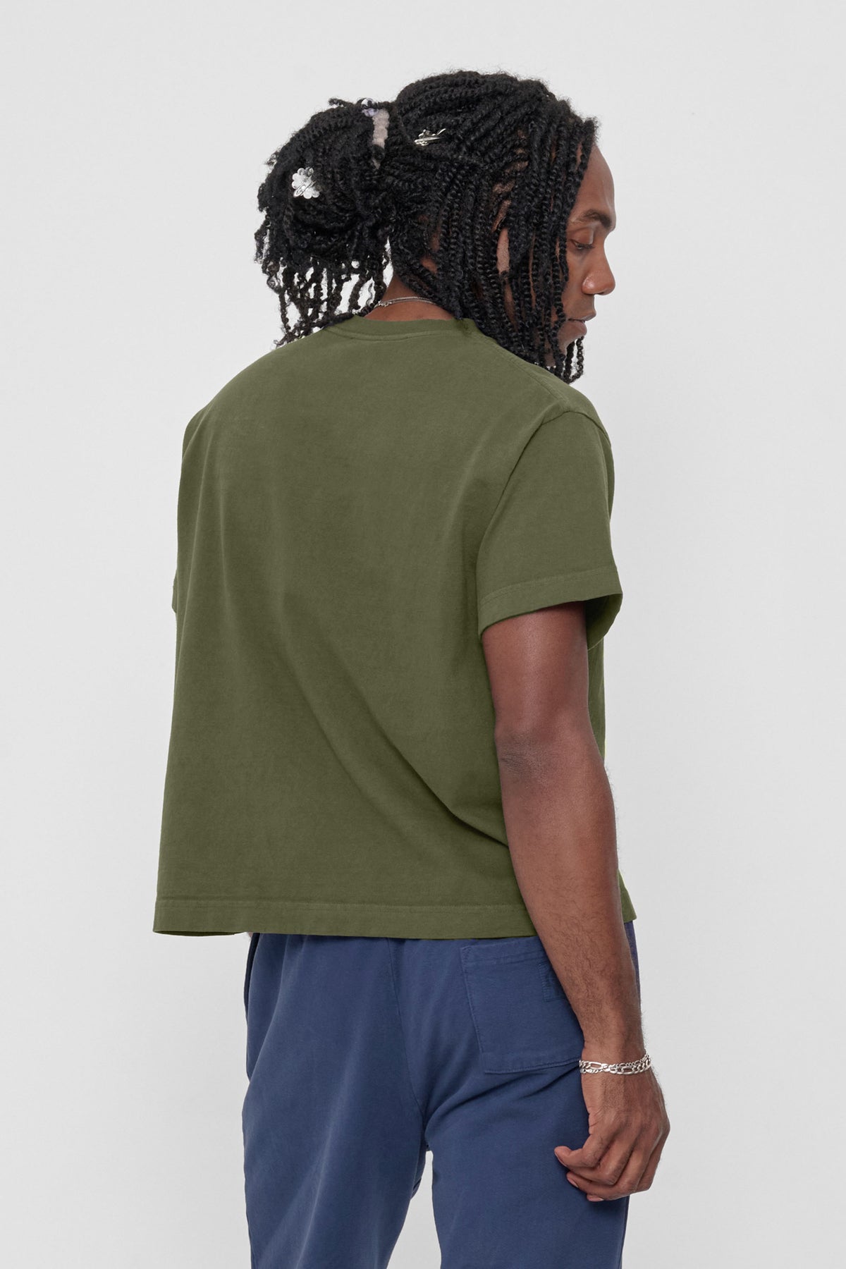 Heavyweight Boxier Trash Tee in Olive – back view on model