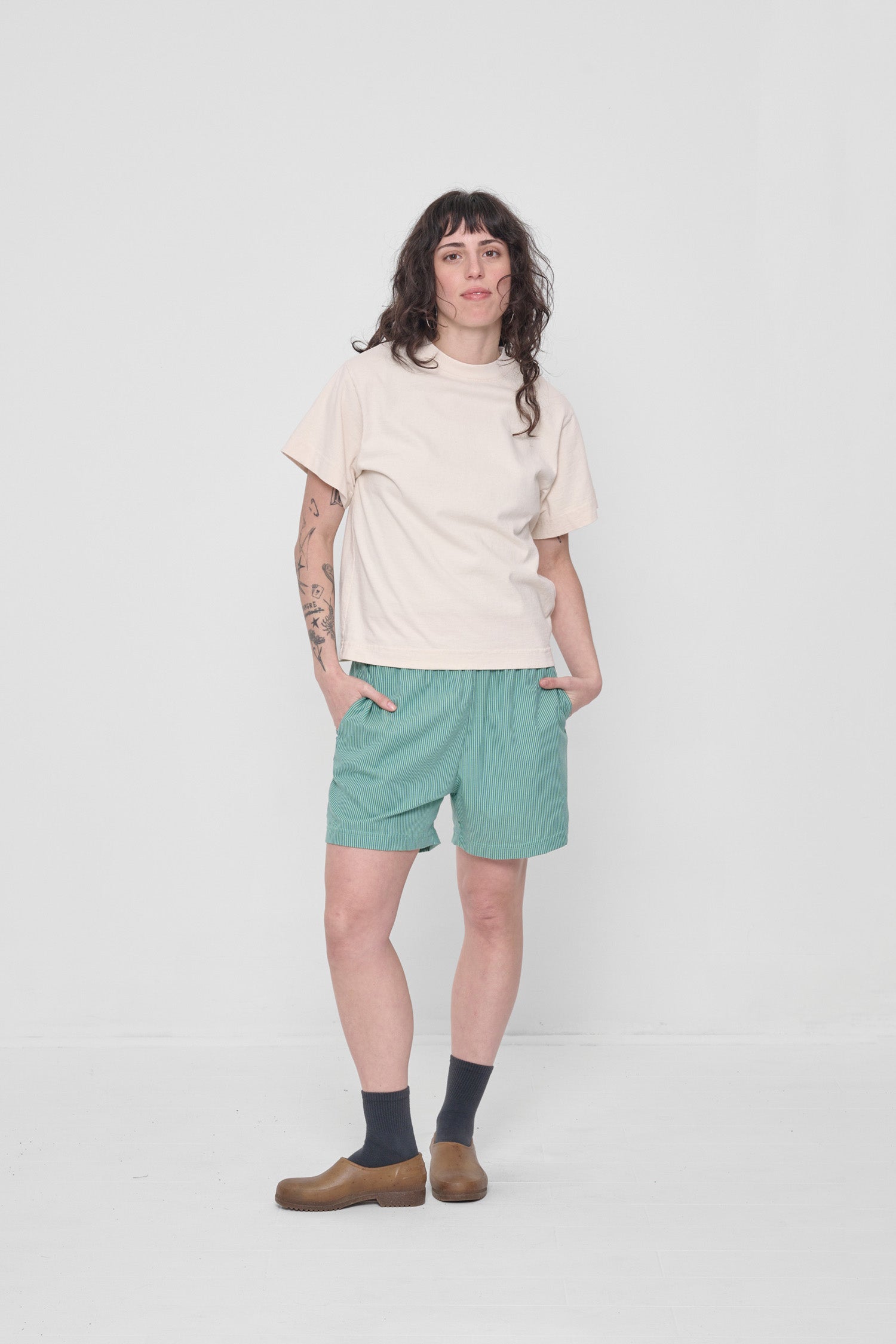 Styled with Nice Grass Striped Poplin Every Day Shorts and Plasticana Gardana Clogs. 