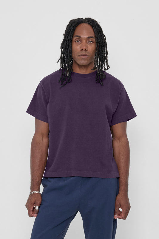 Heavyweight Boxier Trash Tee in Washed Mulberry – front view on model