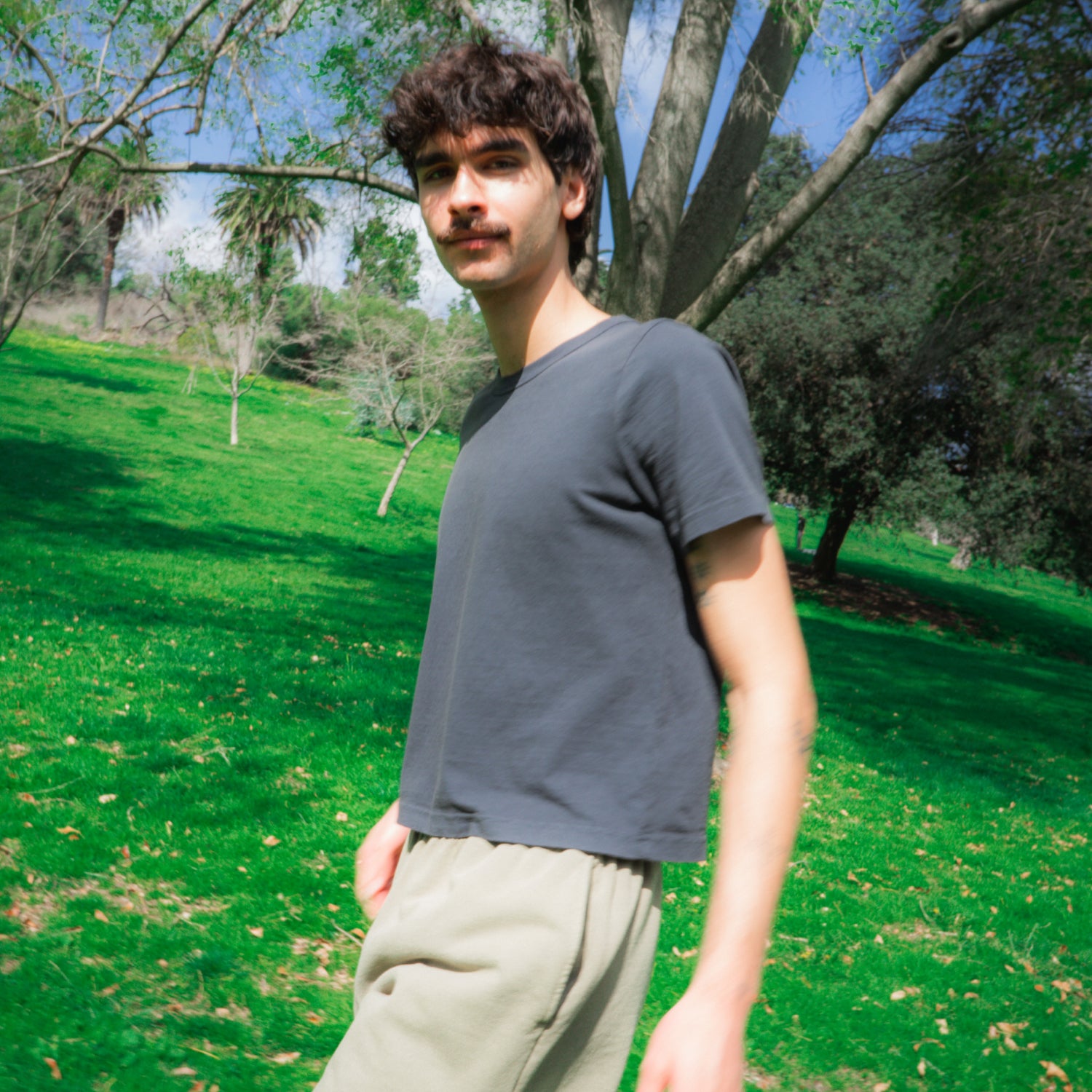 A young man with a slight beard walks in a sunny park with green grass and trees in the background wearing the tailored trash tee