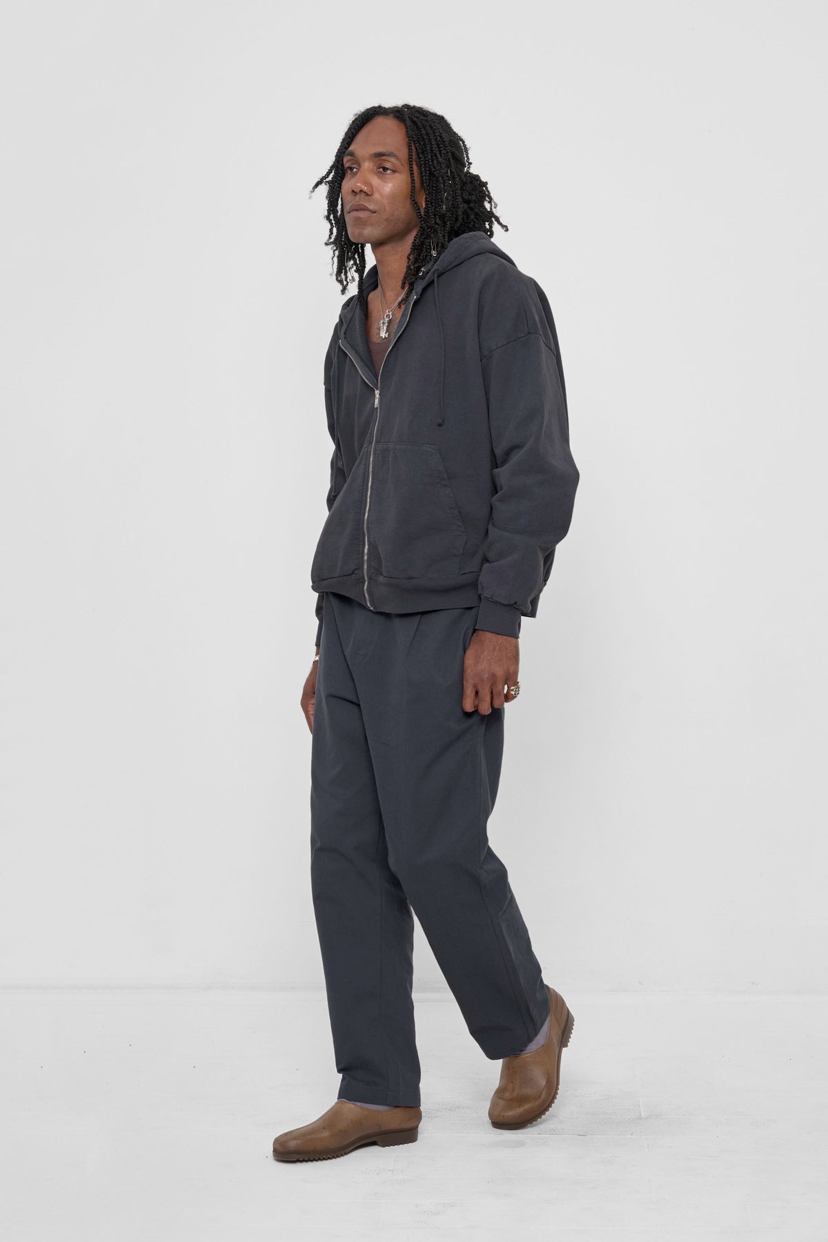 Life Uniform Pants in Slate – styled with Slate Trash Sweatpants and Plasticana Gardana Clogs