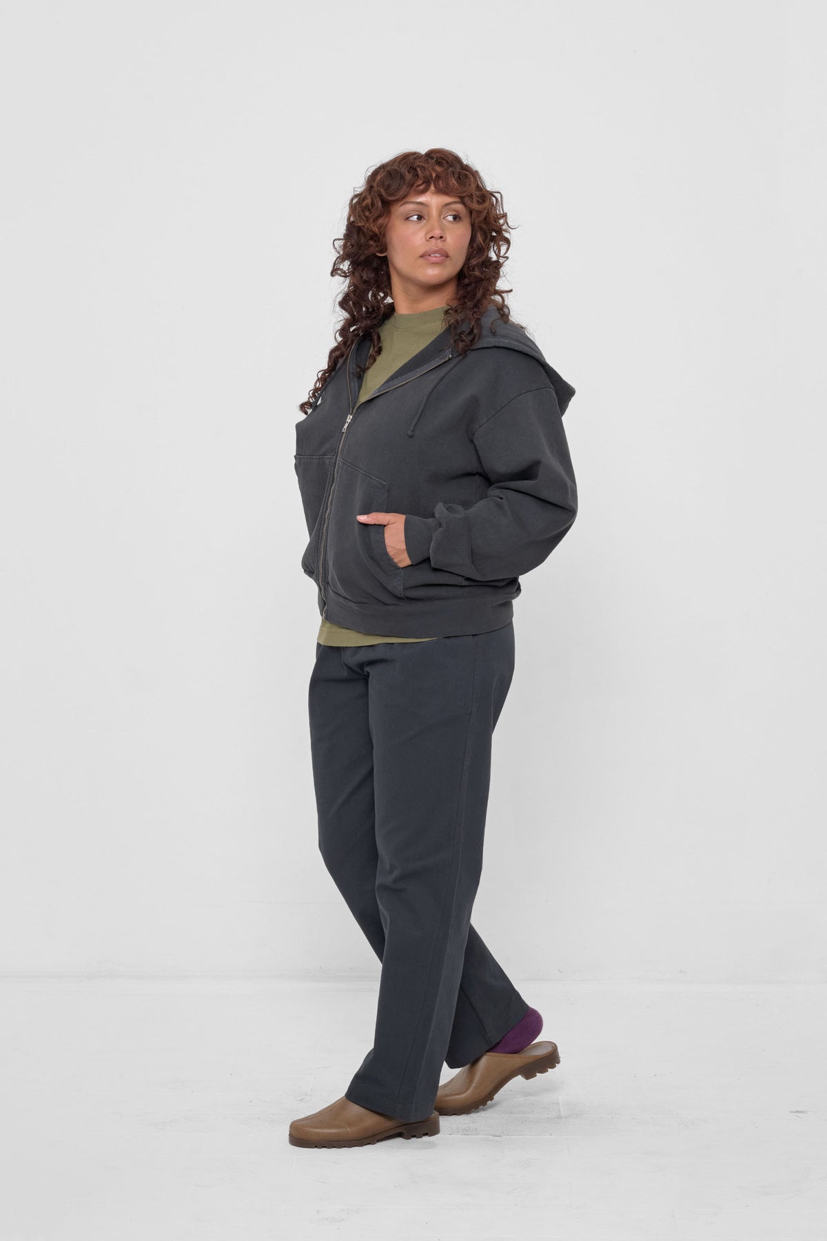 Life Uniform Pants in Slate – styled with Slate Trash Zip Up Hoodie and Plasticana Gardana Clogs