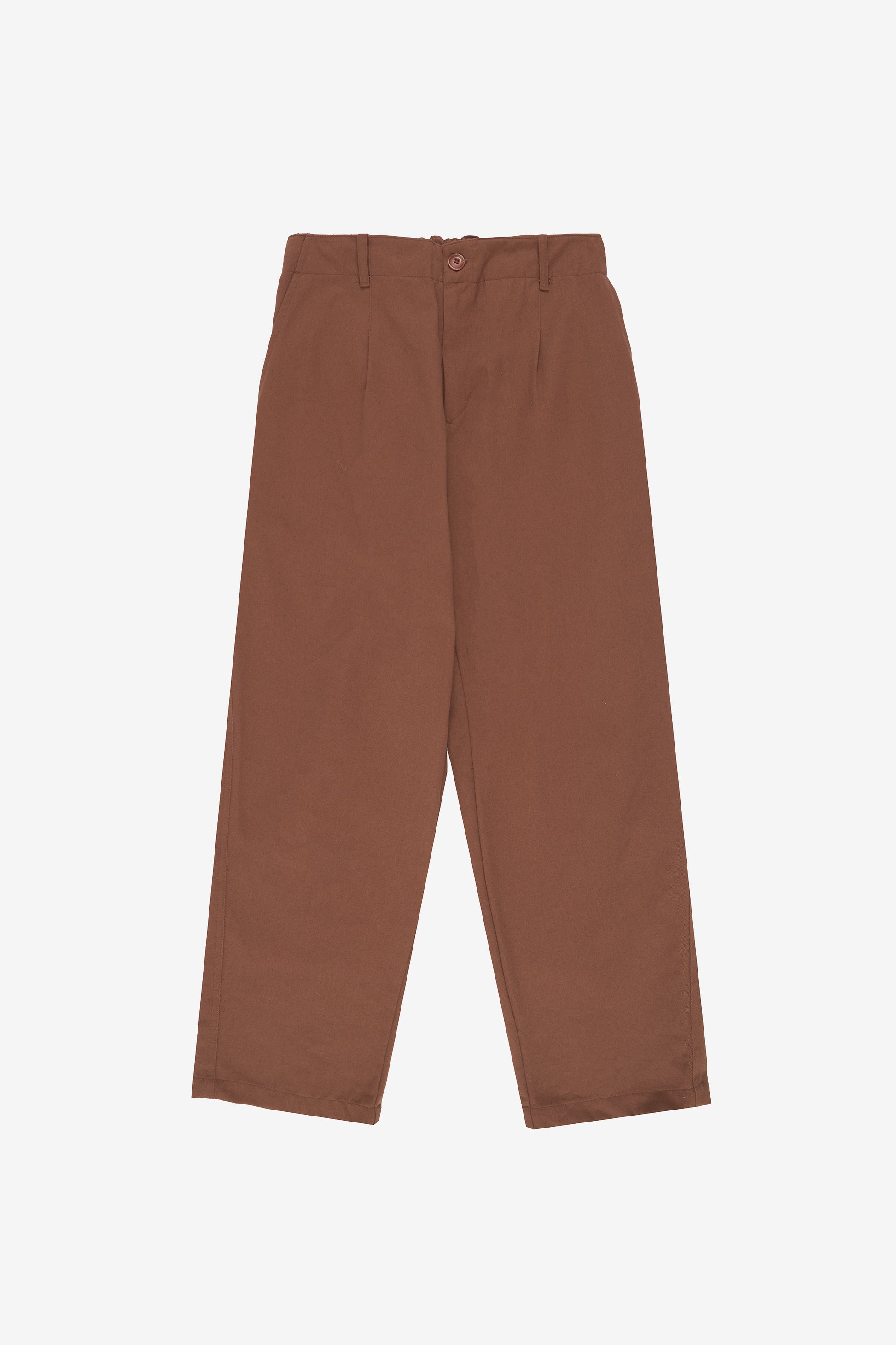 Flat lay front shows straight legs with minor taper and smooth non-elastic side of waistband.