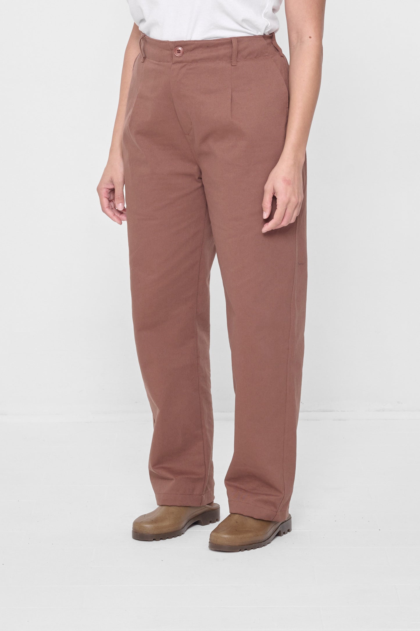 3/4 view showing the hem hitting at the heel. 