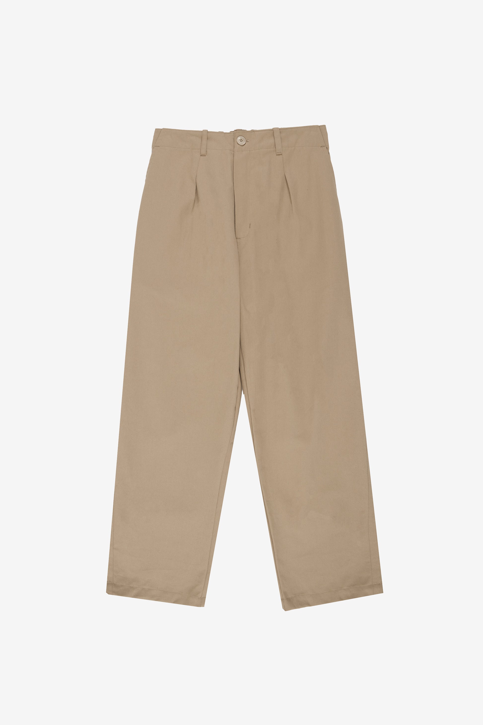 Flat lay front shows straight legs with minor taper and smooth non-elastic side of waistband.