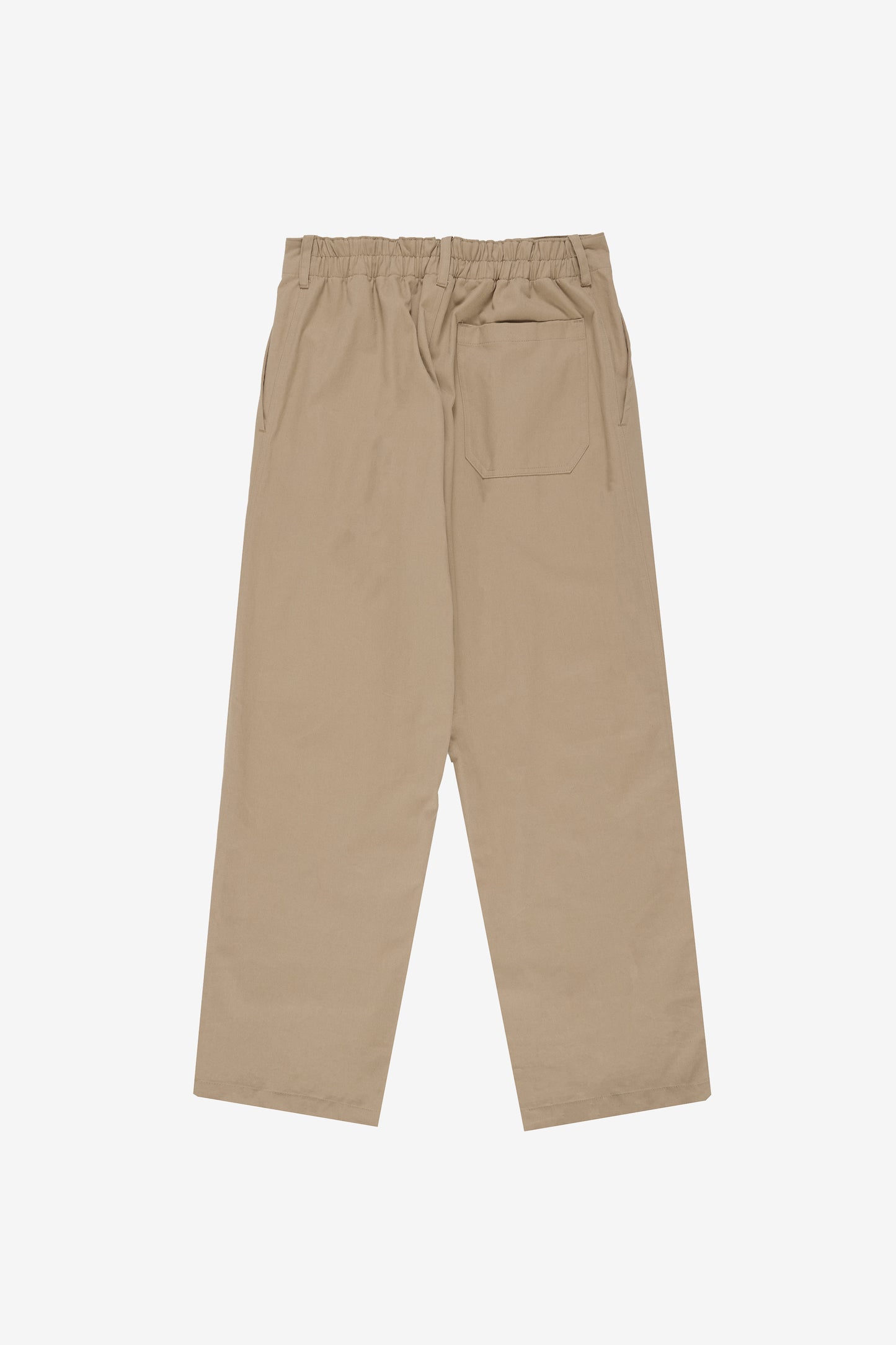 Flat lay back view shows gathering below elastic side of the waistband.