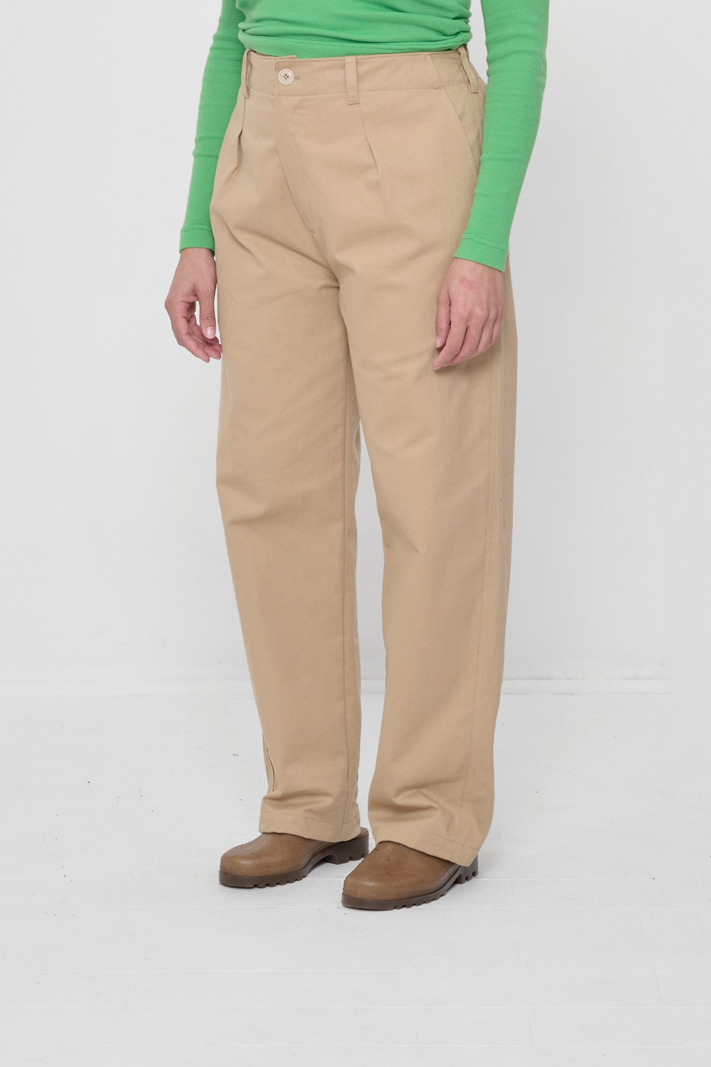 3/4 view showing the hem hitting just above the ground. 