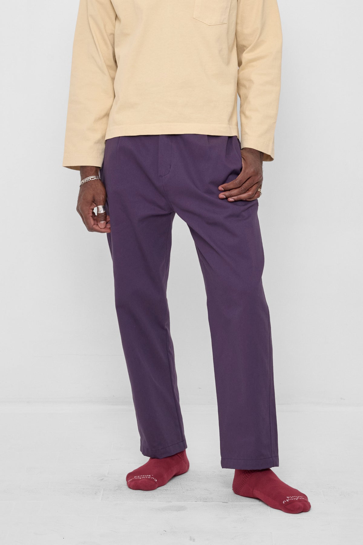 Life Uniform Pants in Washed Mulberry – 3/4 front view on model