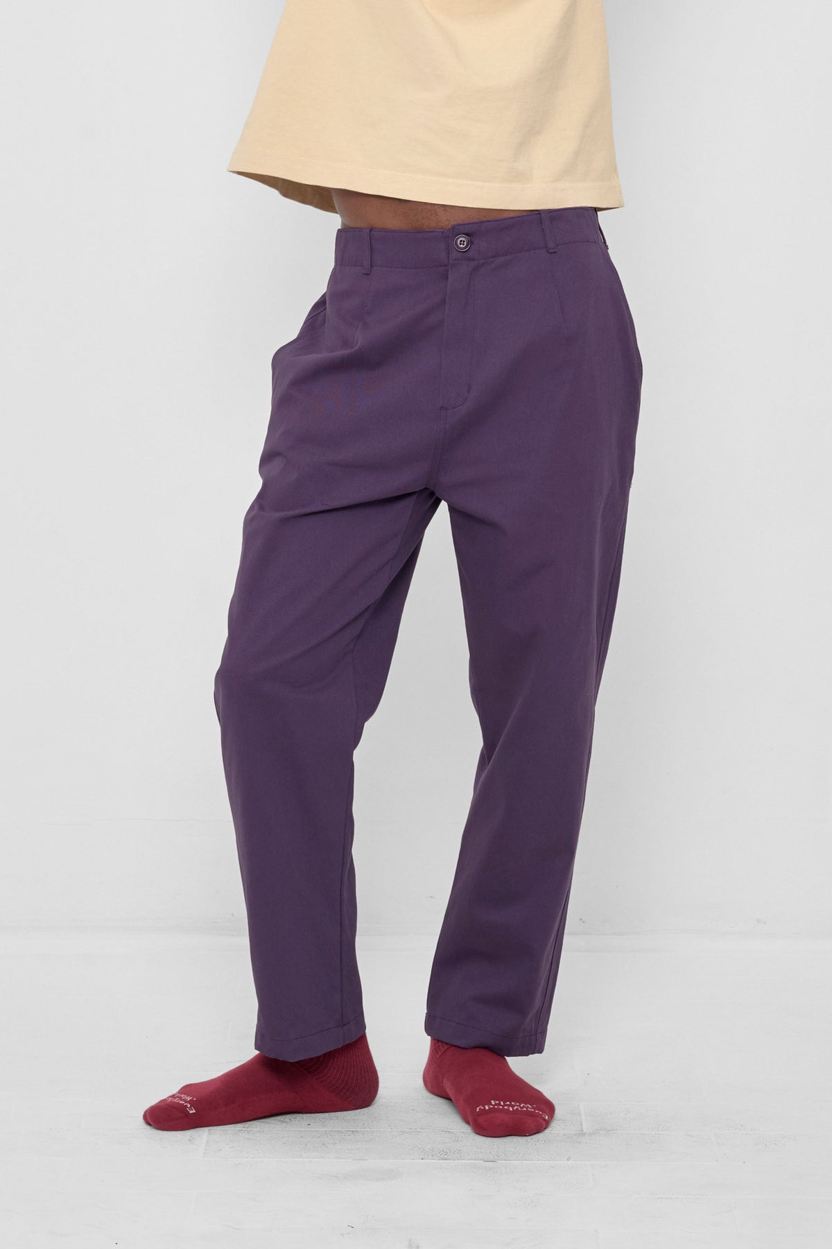 Life Uniform Pants in Washed Mulberry – front view on model