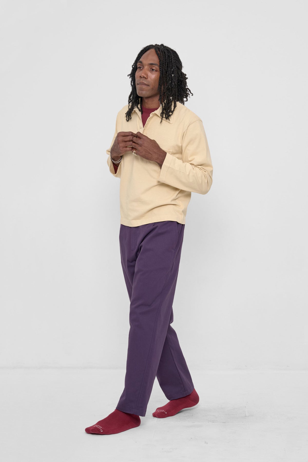 Life Uniform Pants in Washed Mulberry – front view, styled with Turtle Dove Rugby Trash Polo