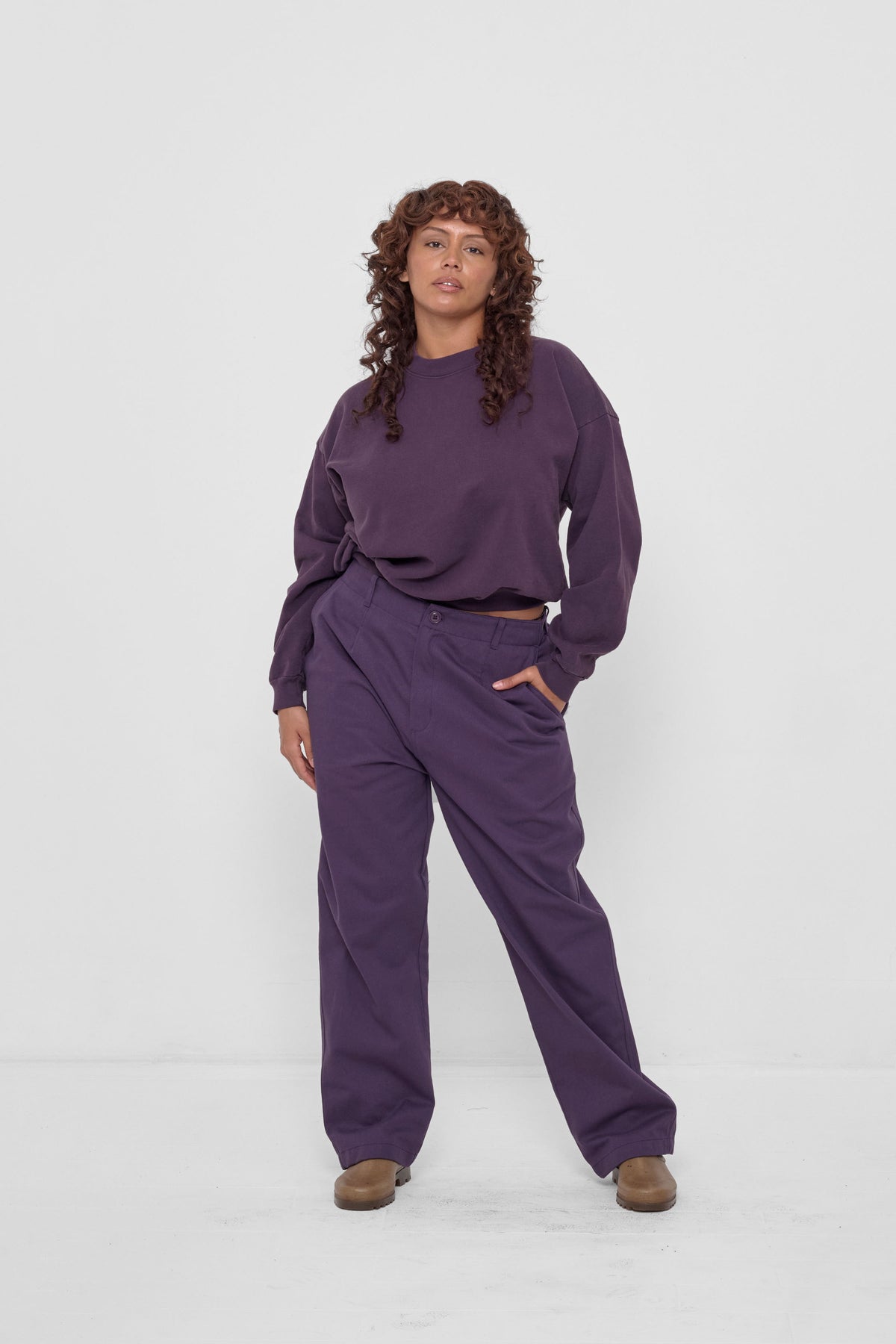 Life Uniform Pants in Washed Mulberry – front view, styled with matching Trash Crewneck