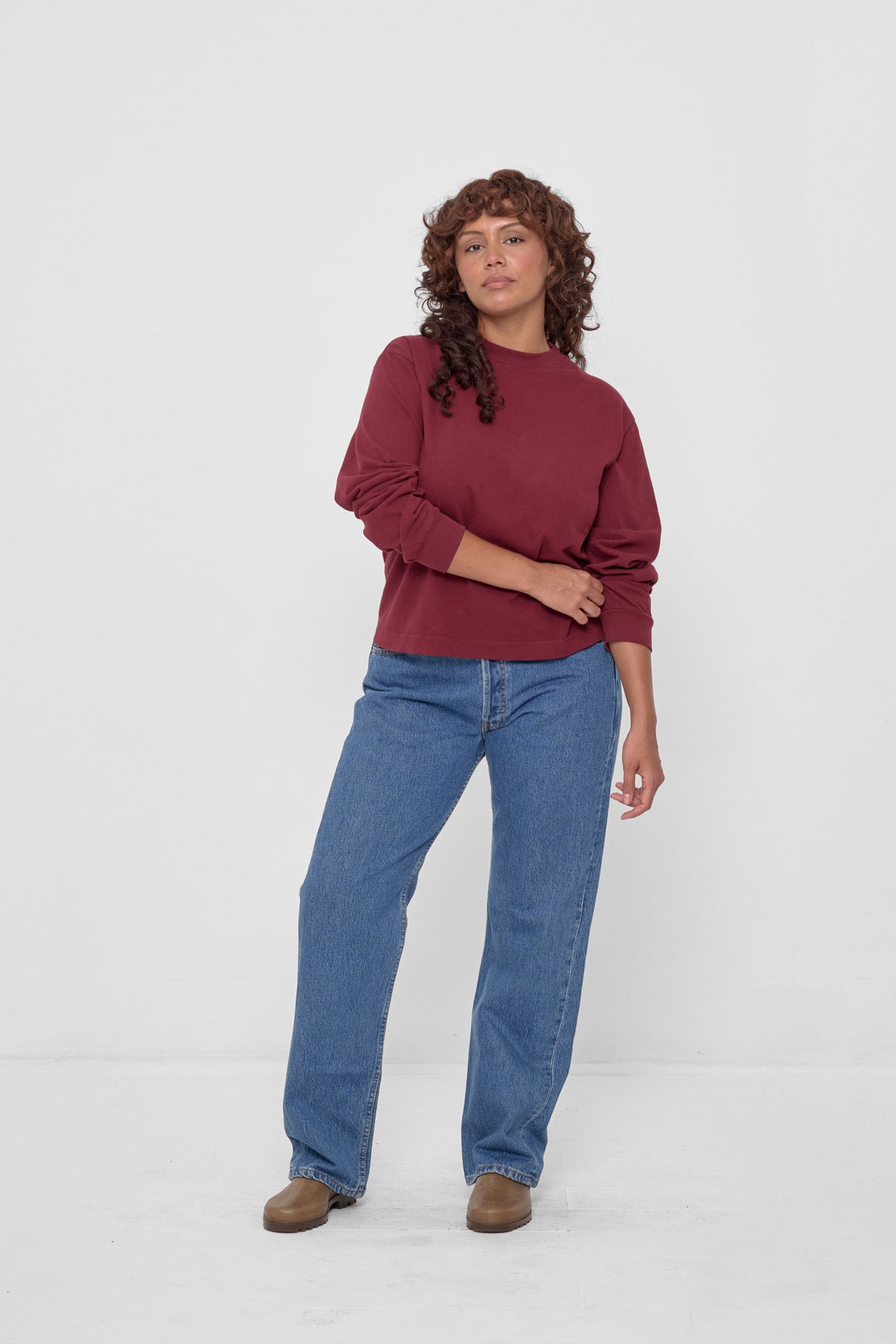 Long Sleeve Boxier Trash Tee in Garnet – styled with jeans and Plasticana Gardana Clogs