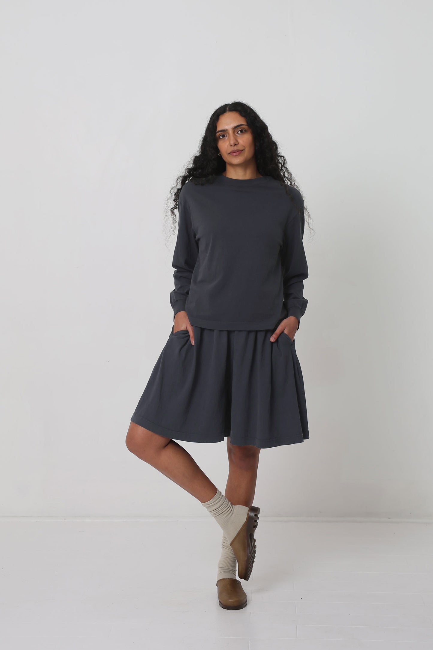 Styled with Slate Long Tubular Shorts, Oat Squishy Socks and Plasticana Opana Mules.