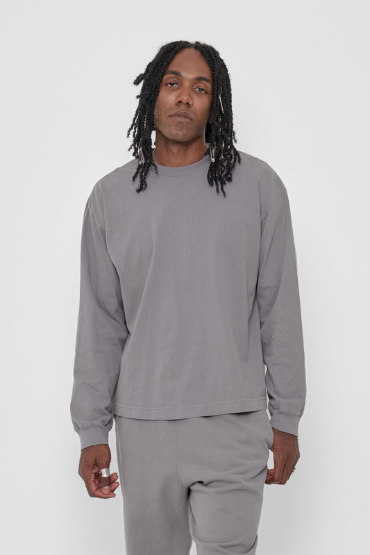 Long Sleeve Boxier Trash Tee in Stone – front view on model