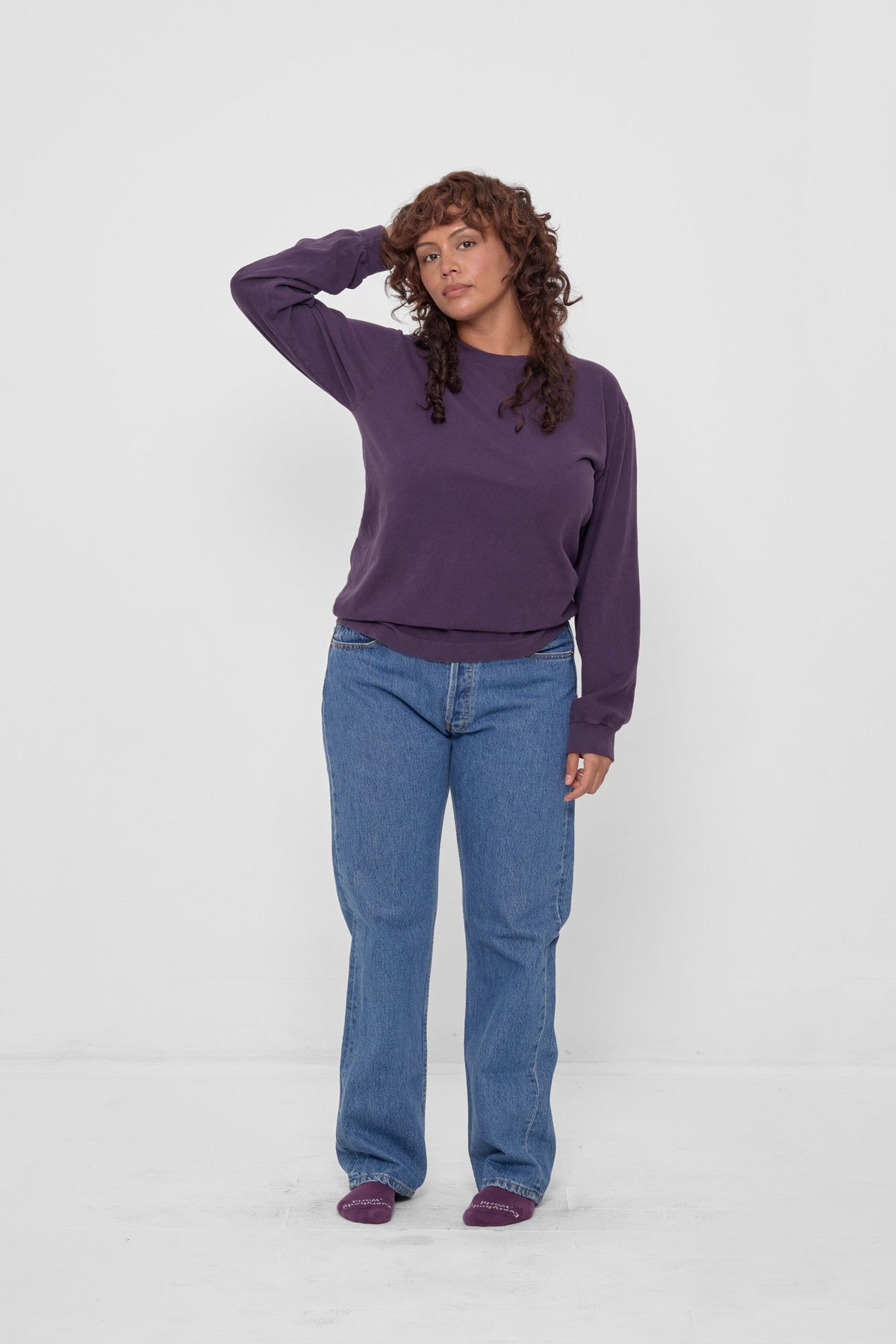 Long Sleeve Trash Tee in Oyster – styled with jeans and Washed Mulberry Squishy Socks