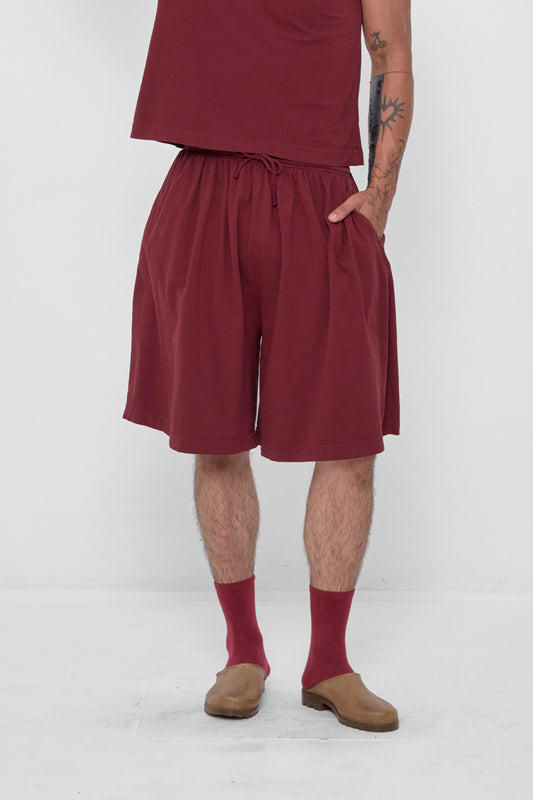 Long Tubular Shorts in Garnet – front view on model