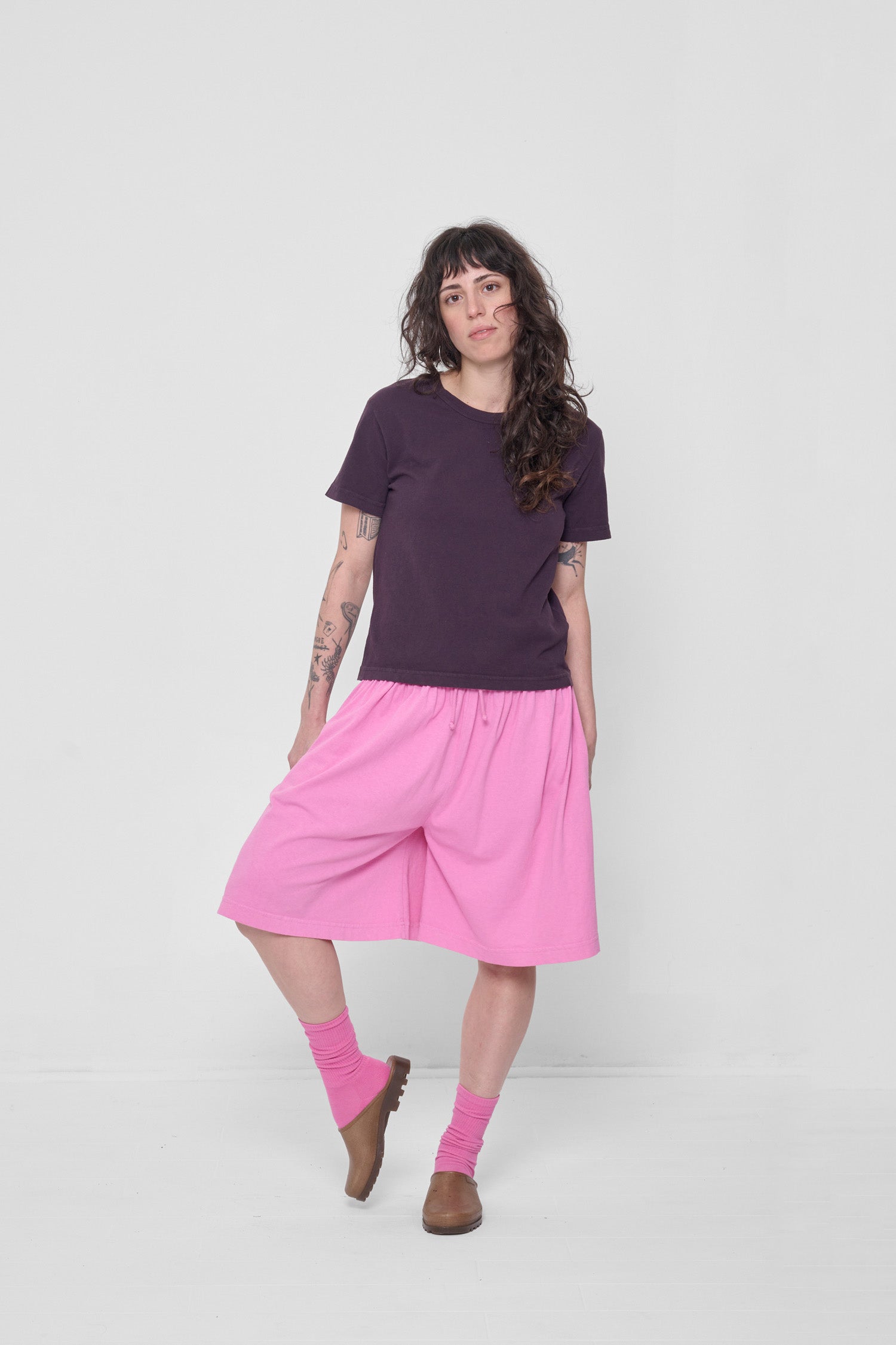 Styled with Mulberry Tailored Trash Tee and Pixie Squishy Socks. 