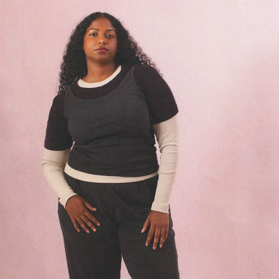 Person wearing layered Rib Tank in Slate, Rib Tee in Mulberry, Rib Long Sleeve in White, and Apartment Pants in Slate.