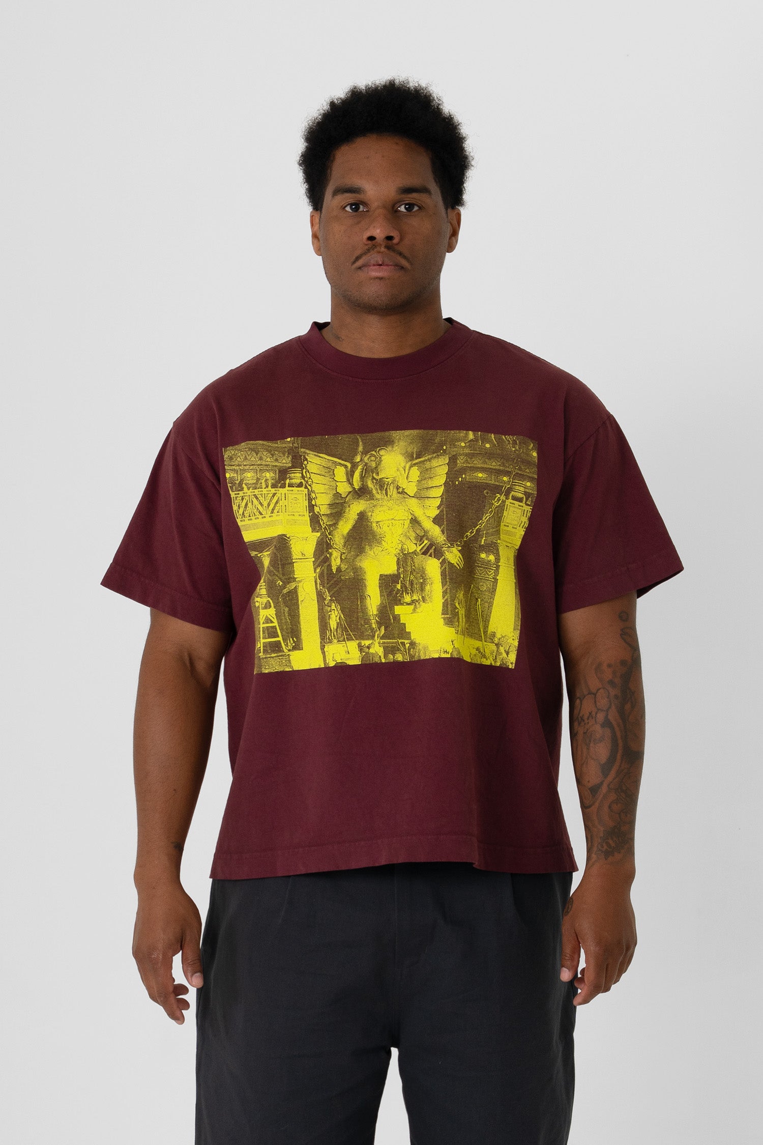 6' man in a size L Burgundy Boxier Trash Tee. Hem at his middle hip.