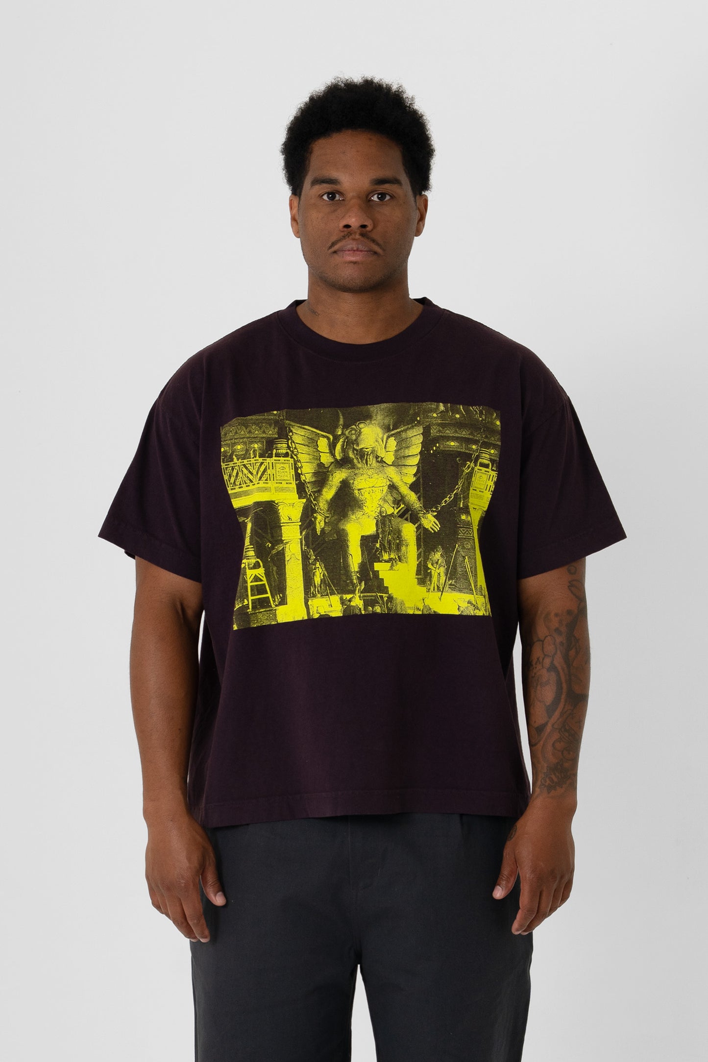 6' man in a size L Mulberry Boxier Trash Tee. Hem at her middle hip.