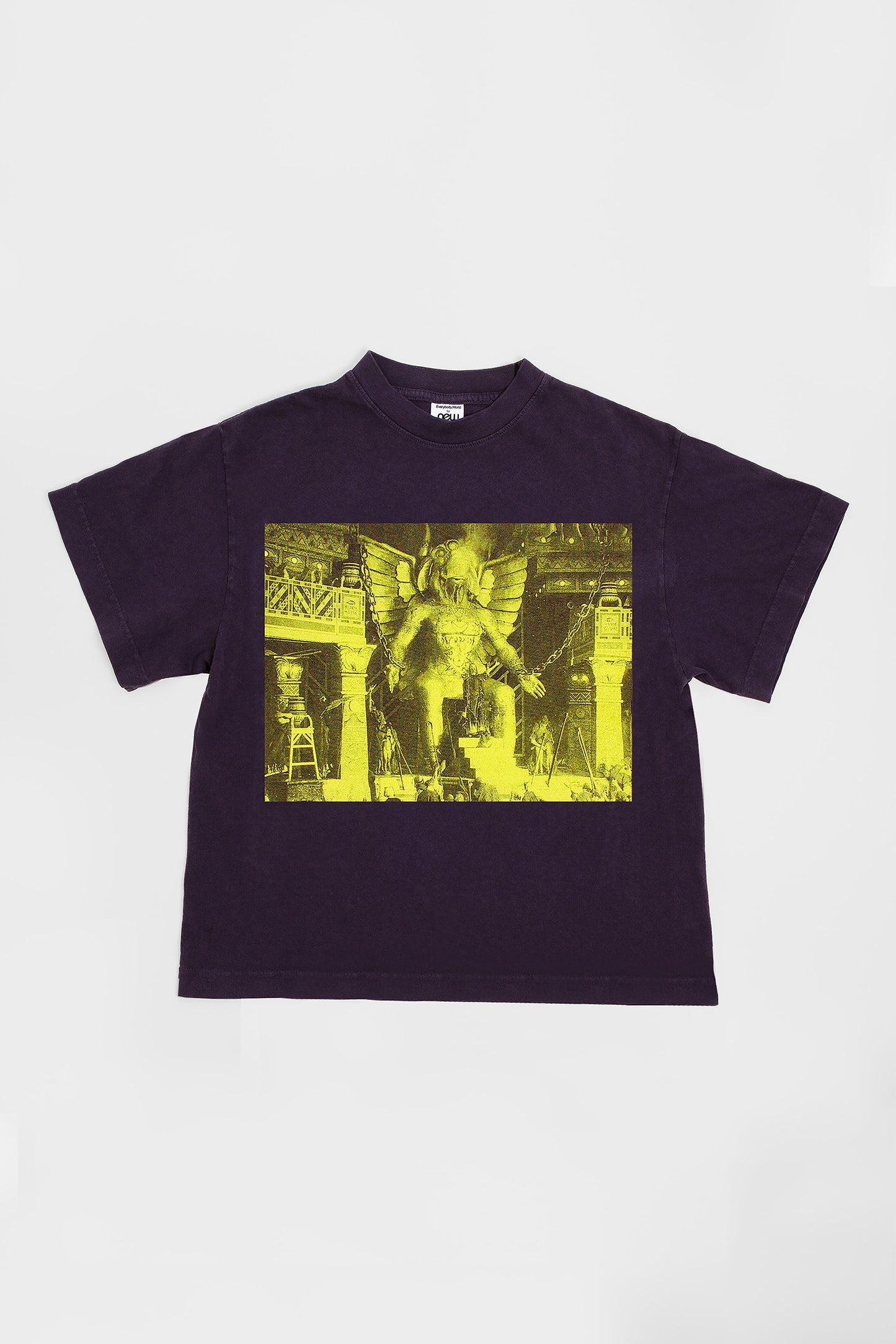 Flat lay showing the graphic and square-like boxy cut of the t-shirt.