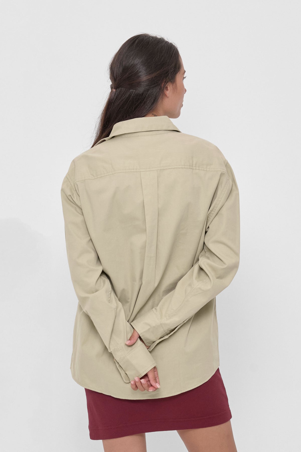 Peach Fuzz Button-Up Shirt in Oat – back view on model