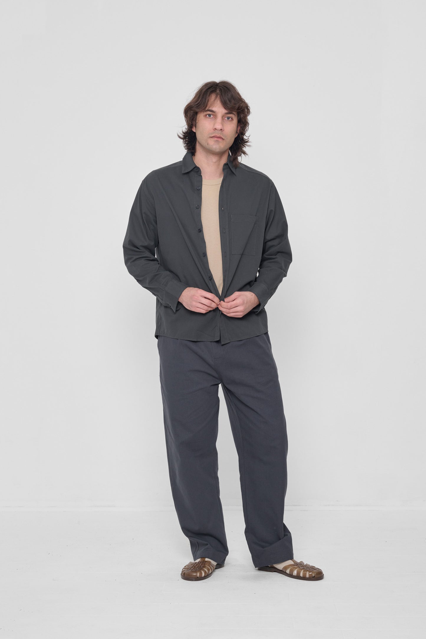 Styled unbuttoned with Slate Life Uniform Pants and Sand Storm Tailored Trash Tee.