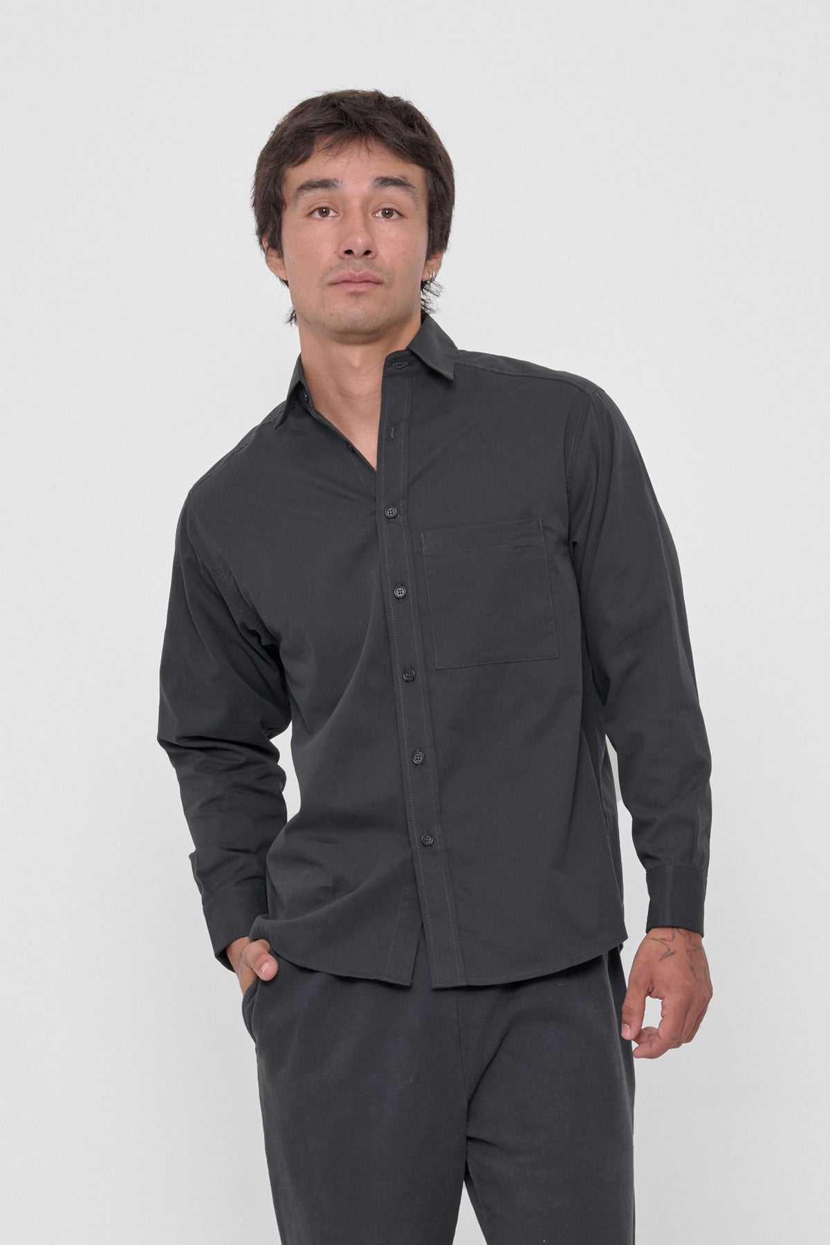 Peach Fuzz Button-Up Shirt in Slate – front view on model