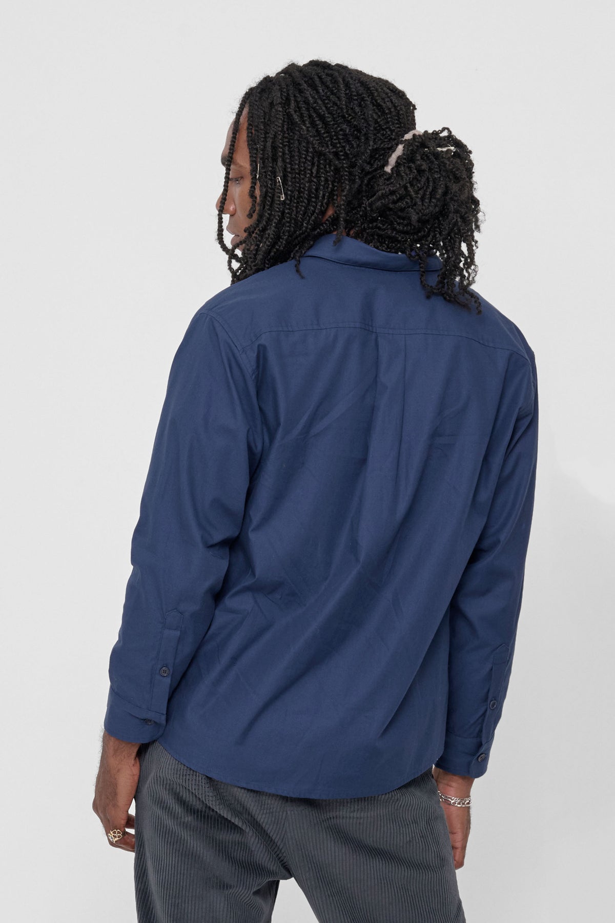 Peach Fuzz Button-Up Shirt in Washed Navy – back view on model
