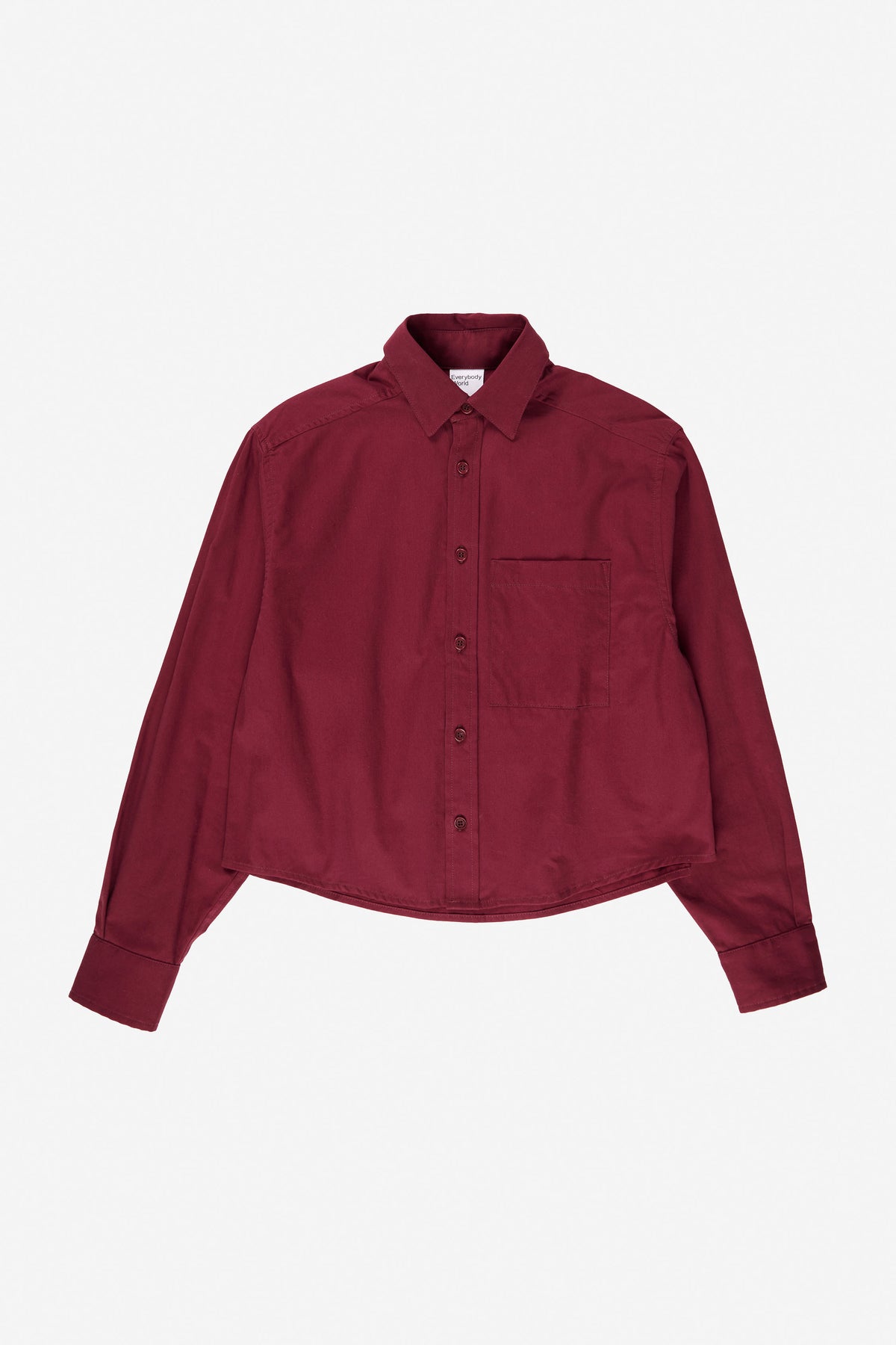 Peach Fuzz Cropped Button-Up Shirt in Garnet – flat lay front view, no model