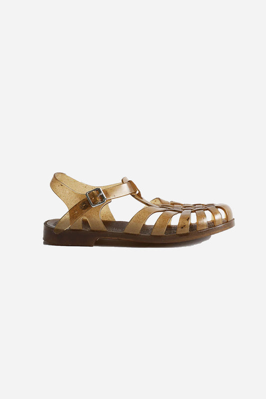 Side view of Hemp Plasticana Sandana Jelly Sandal shows fisherman sandal style toebox, metal buckle and speckled hemp texture. 