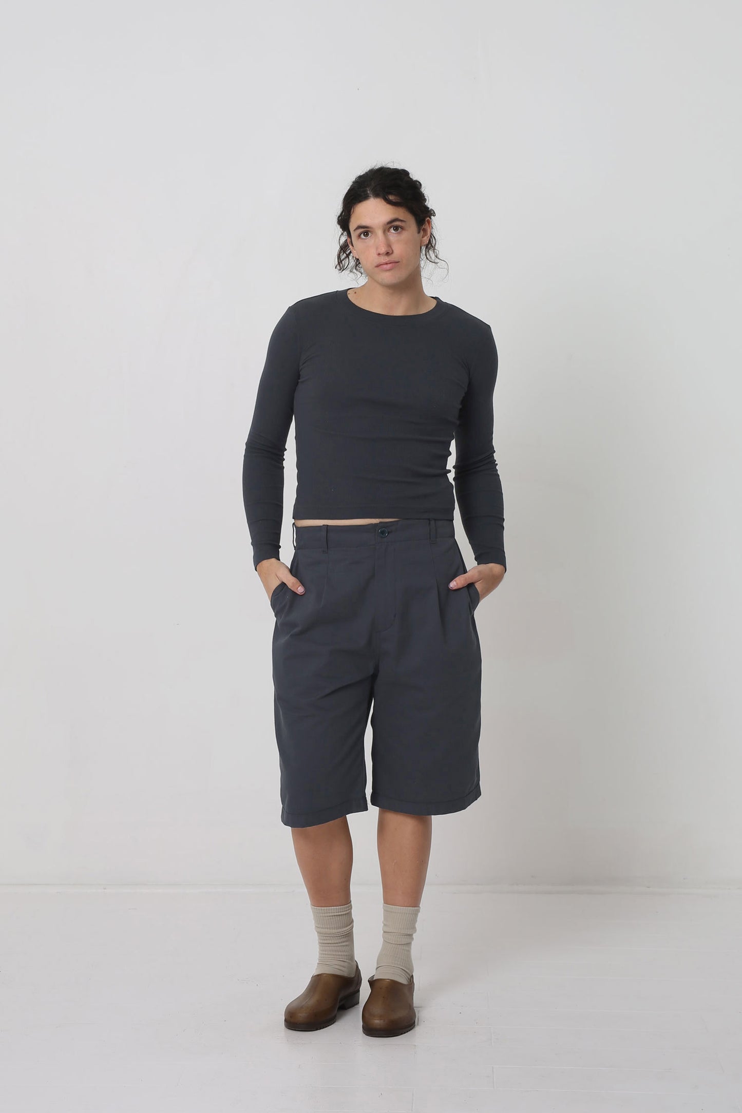 Styled with Slate Bermuda Shorts, Squishy Socks, and Plasticana shoes.