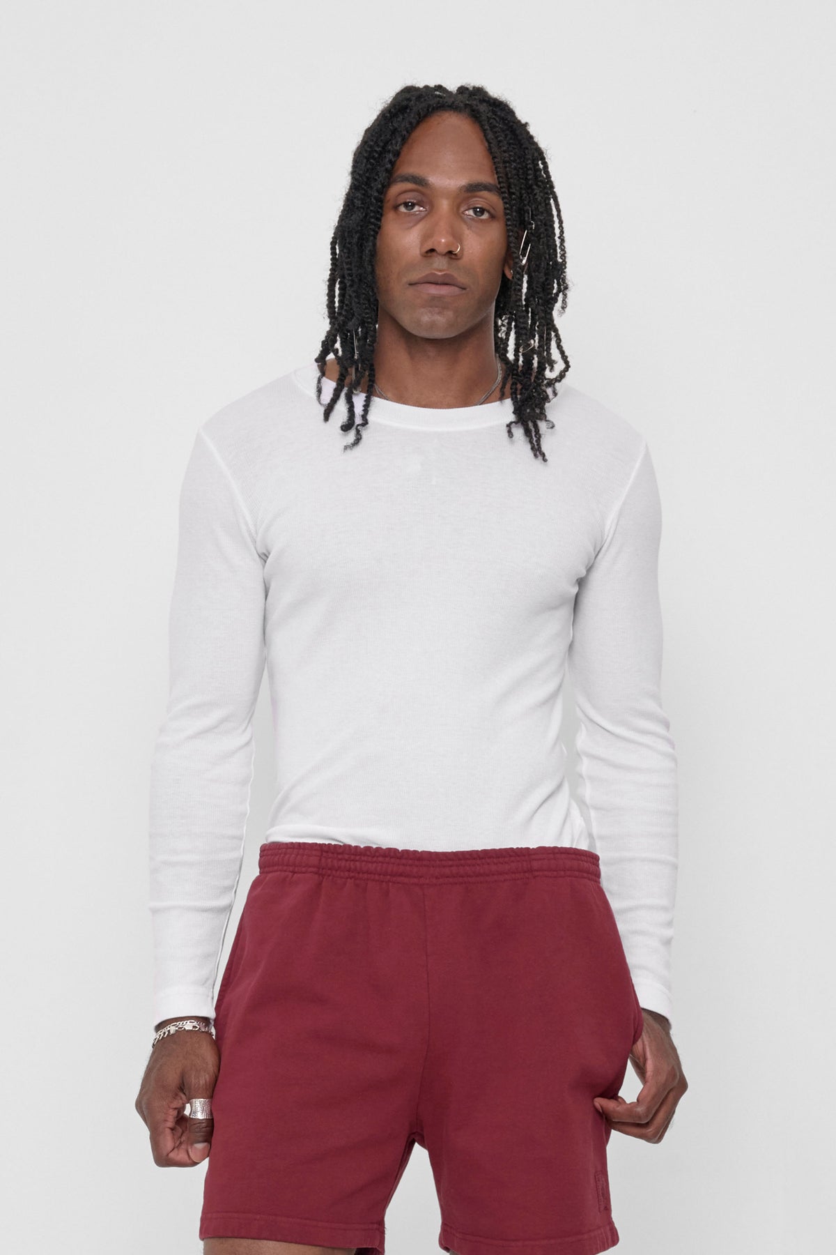 Rib Long Sleeve in White – front view on model