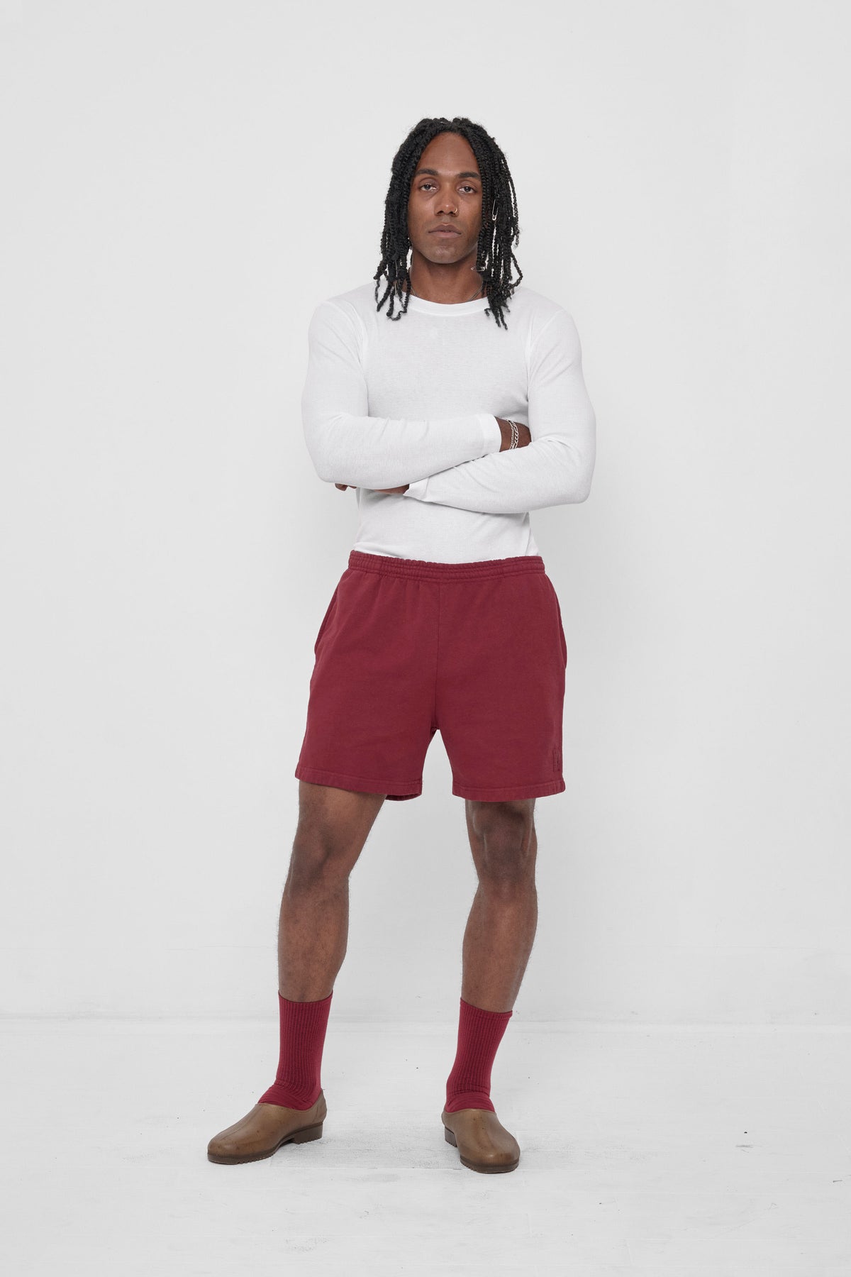 Rib Long Sleeve in White – front view on model, styled with Garnet Trash Fleece Everyday Shorts