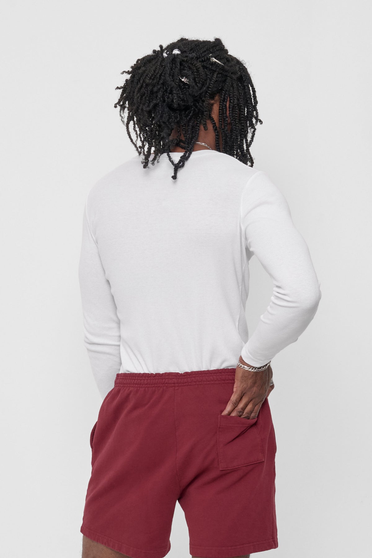Rib Long Sleeve in White – back view on model