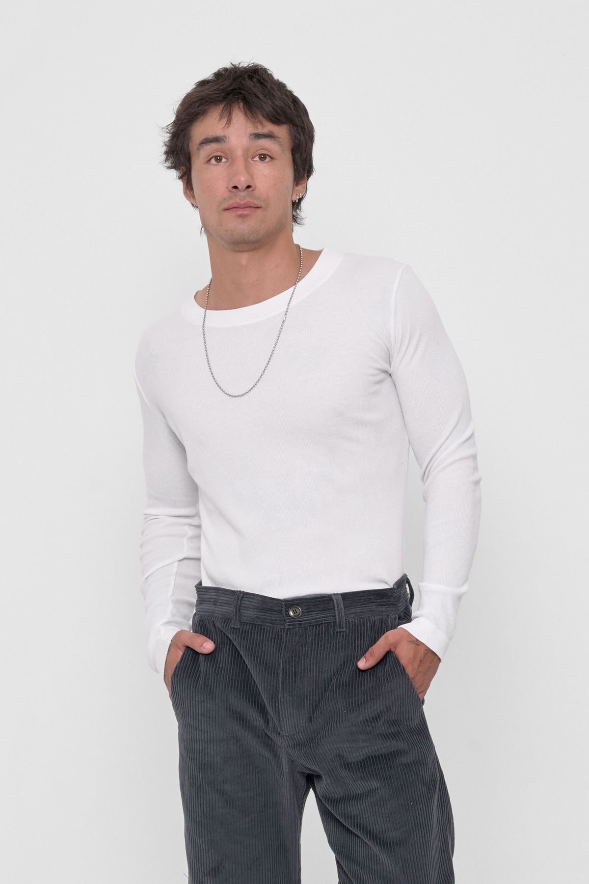 Rib Long Sleeve in White – front view on model