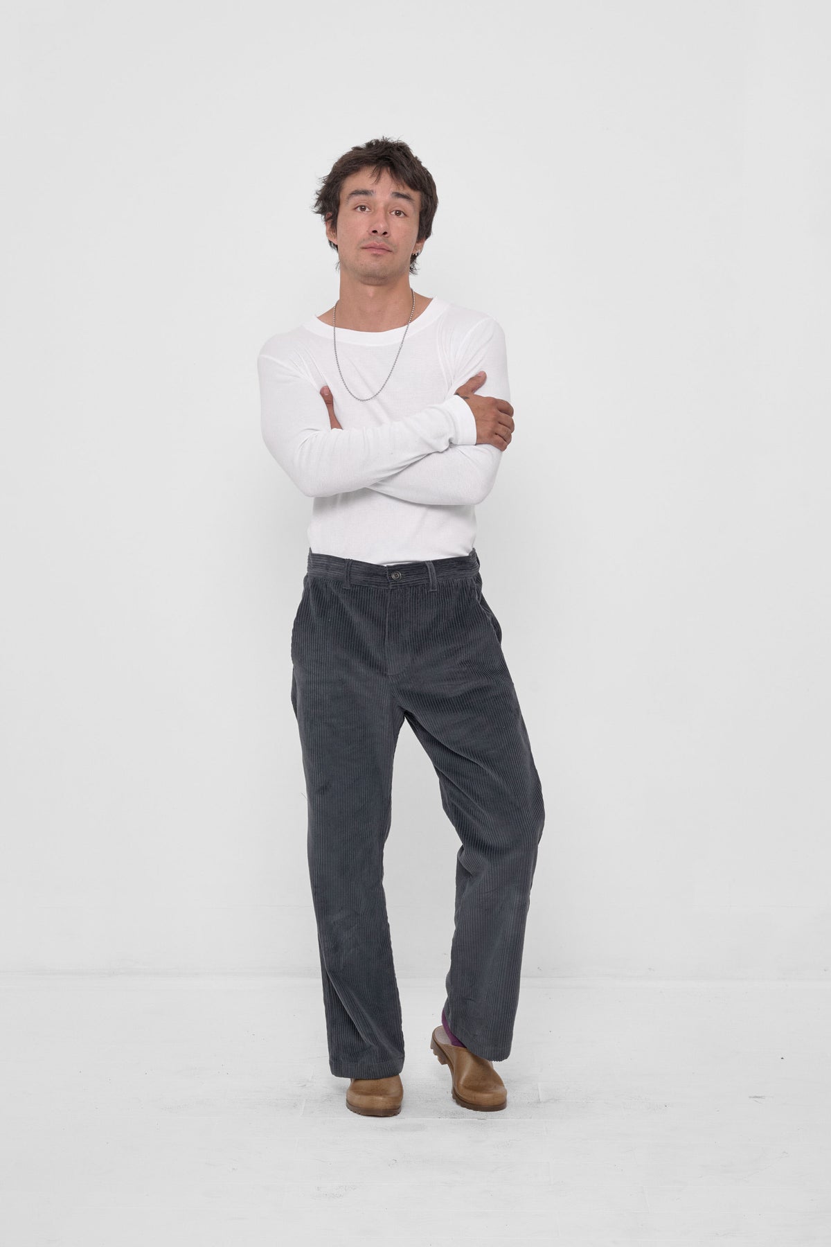 Rib Long Sleeve in White – front view on model, styled with Slate Cord Pants