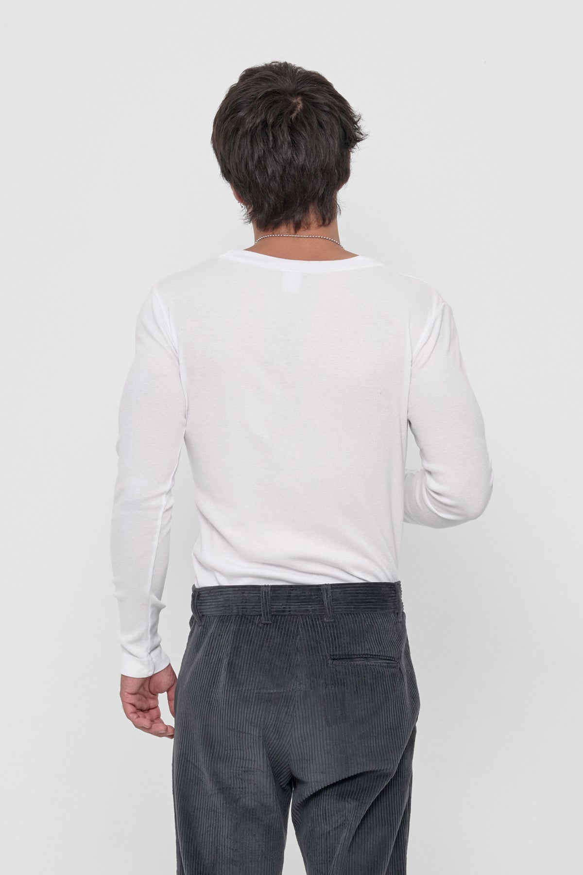 Rib Long Sleeve in White – back view on model