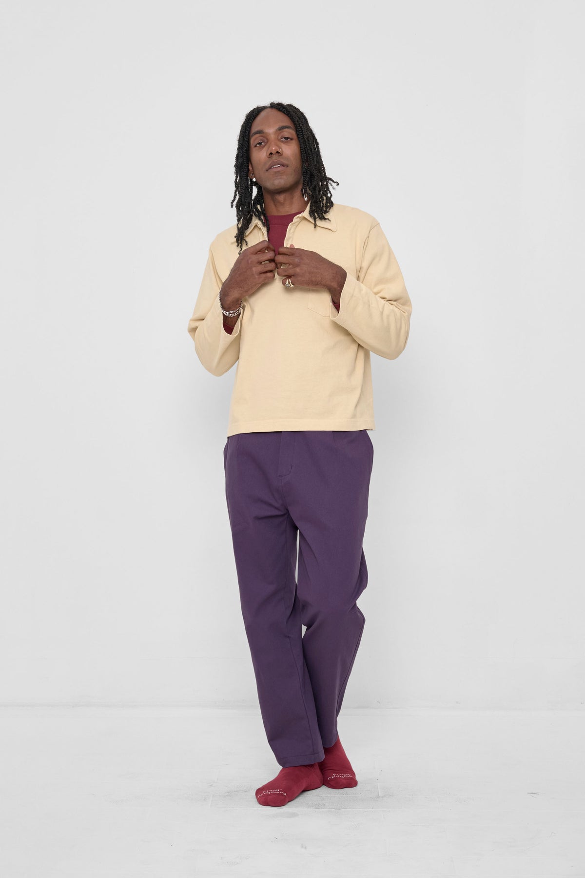 Rugby Trash Polo in Turtle Dove - front full body view, styled with Washed Mulberry Life Uniform Pants, and Garnet Squishy Socks