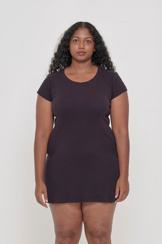 Closeup of a 5'8" woman wearing a Mulberry Rib Dress in size L. Bottom hem  hits mid thigh.