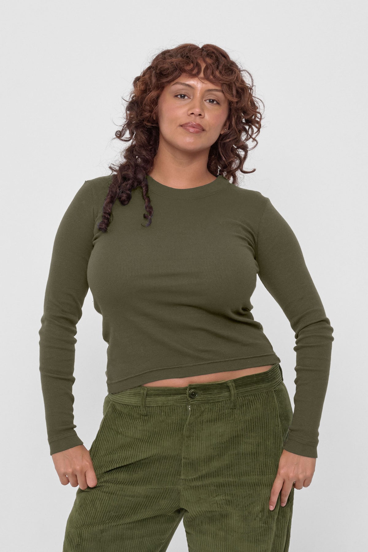 Rib Long Sleeve in Olive – front view on model
