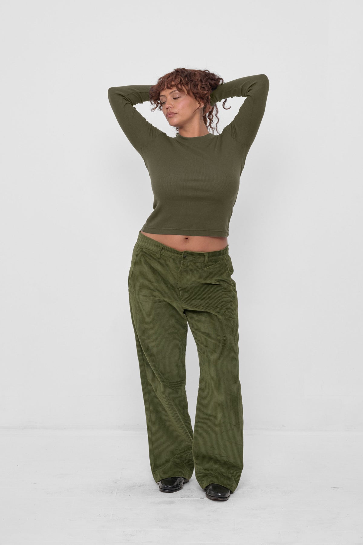 Rib Long Sleeve in Olive – front full body view on model, styled with Olive Cord Pants